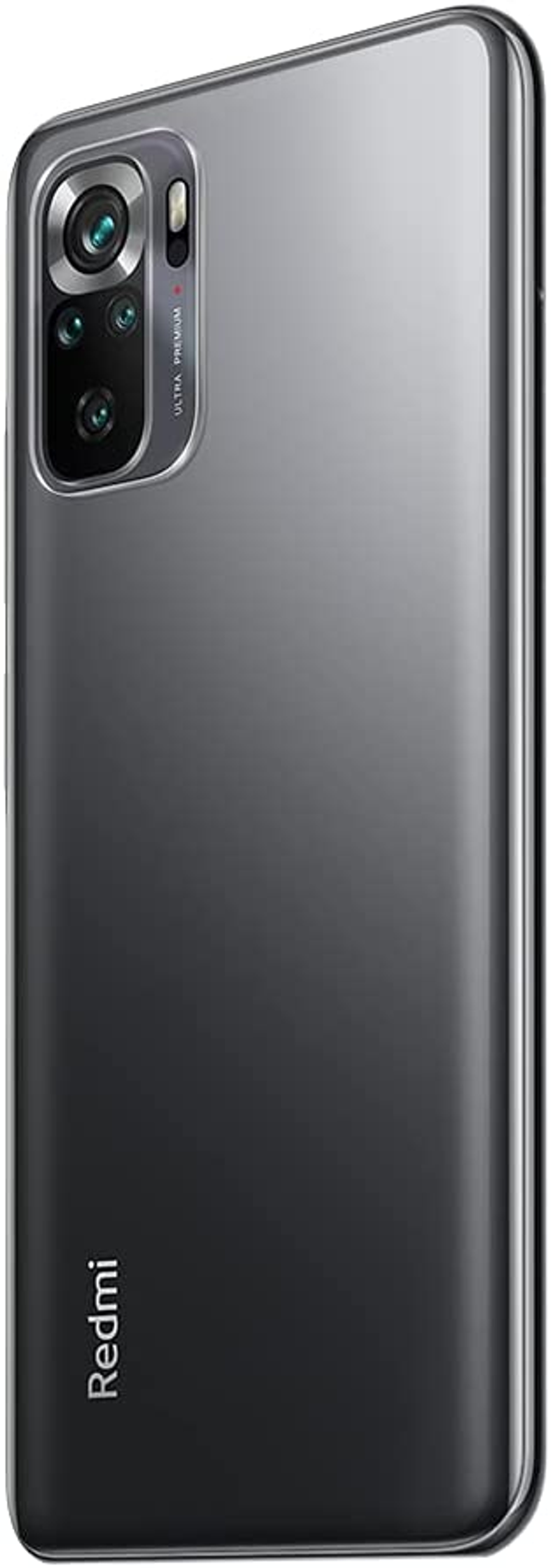 Szary telefon z trzema aparatami. Tył ma logo Redmi i błyszczące wykończenie.