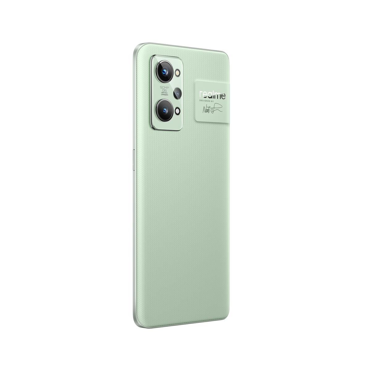 Hellgrünes Telefon mit drei Kameras. Die Rückseite ist strukturiert.