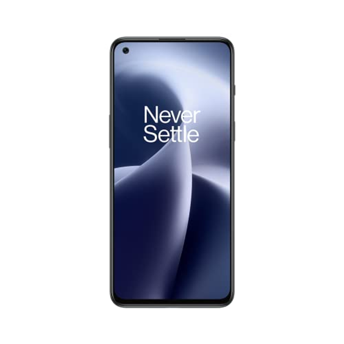 Black phone with a screen displaying "Never Settle" text.