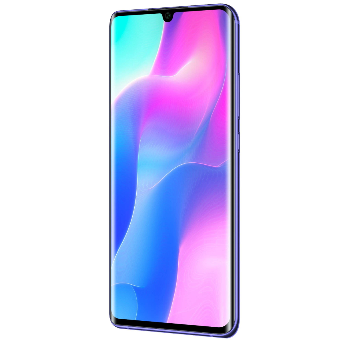 Ein blaues Smartphone mit gebogenem Bildschirm. Es hat einen Farbverlauf aus Blau, Rosa und Lila auf dem Bildschirm.
