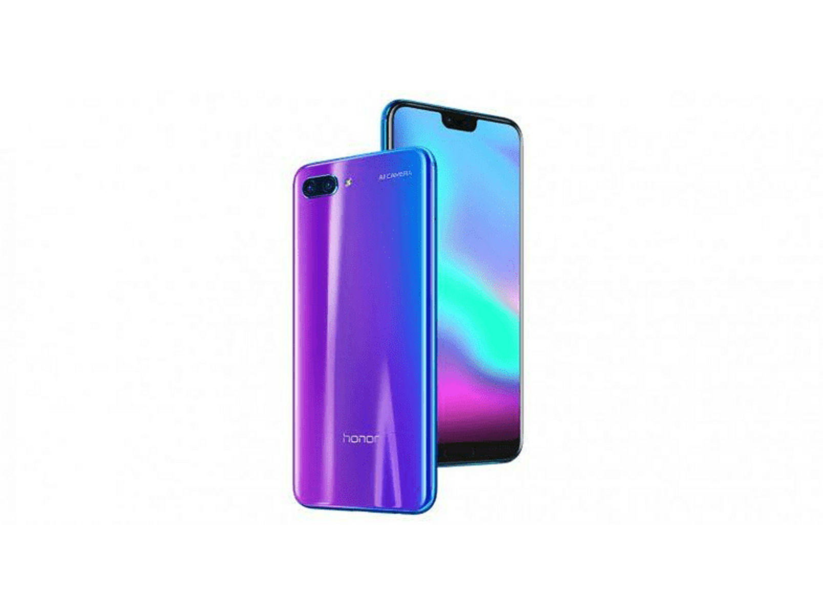 Zwei Telefone, eines lila, das andere blau, nebeneinander, mit dem Wort 'honor'.