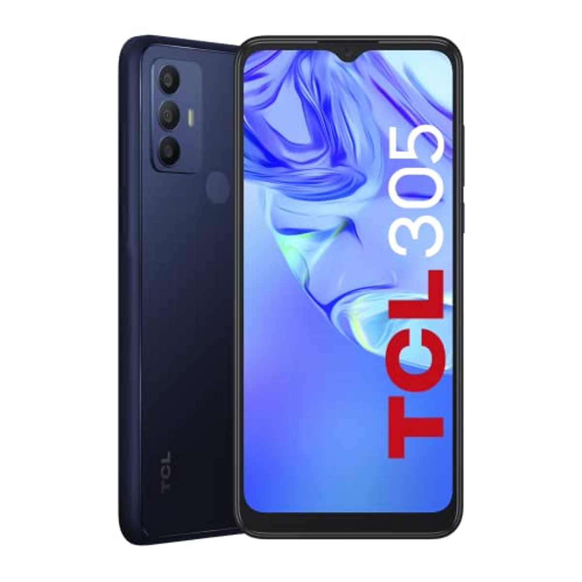 Smartphone TCL 305, parte trasera azul marino, pantalla frontal con etiqueta TCL 305 en rojo sobre fondo azul.