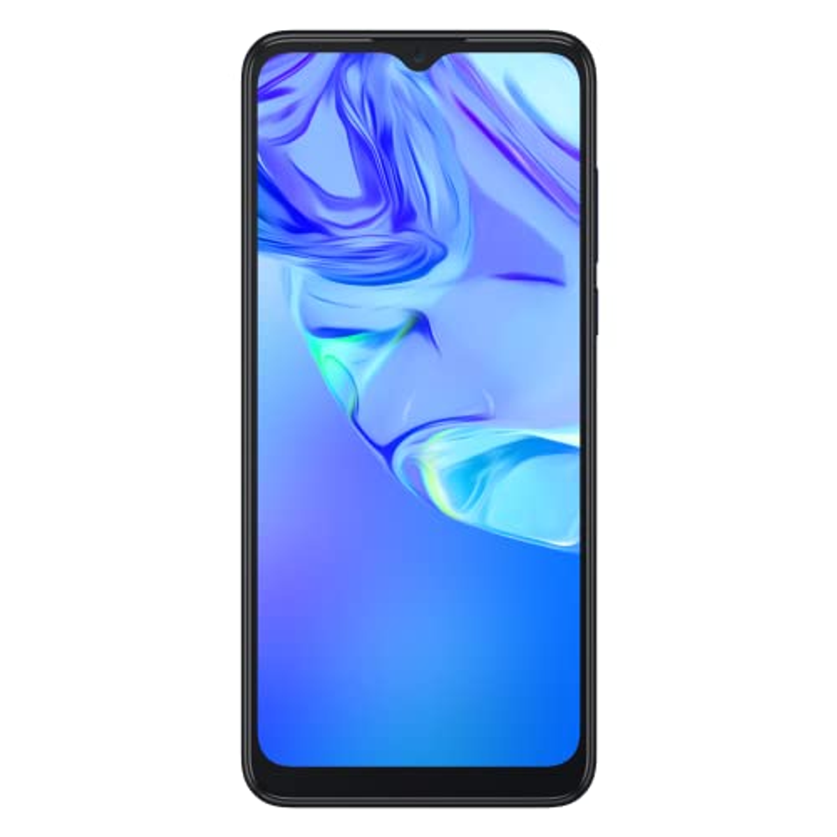 Smartphone negro con un diseño abstracto azul y morado en la pantalla.