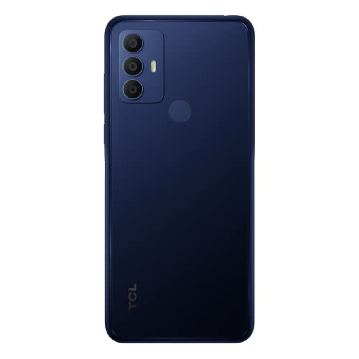 Vista trasera de un teléfono azul oscuro con triple cámara y logo TCL.