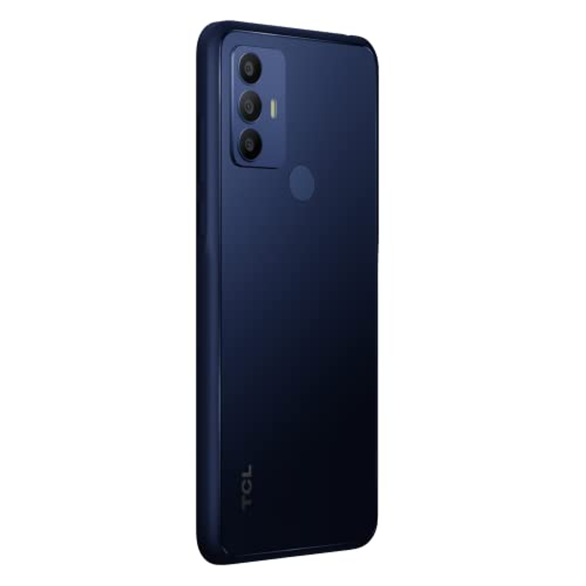 Teléfono TCL azul, mostrando su parte trasera con configuración de cámara. Está sobre una superficie blanca.