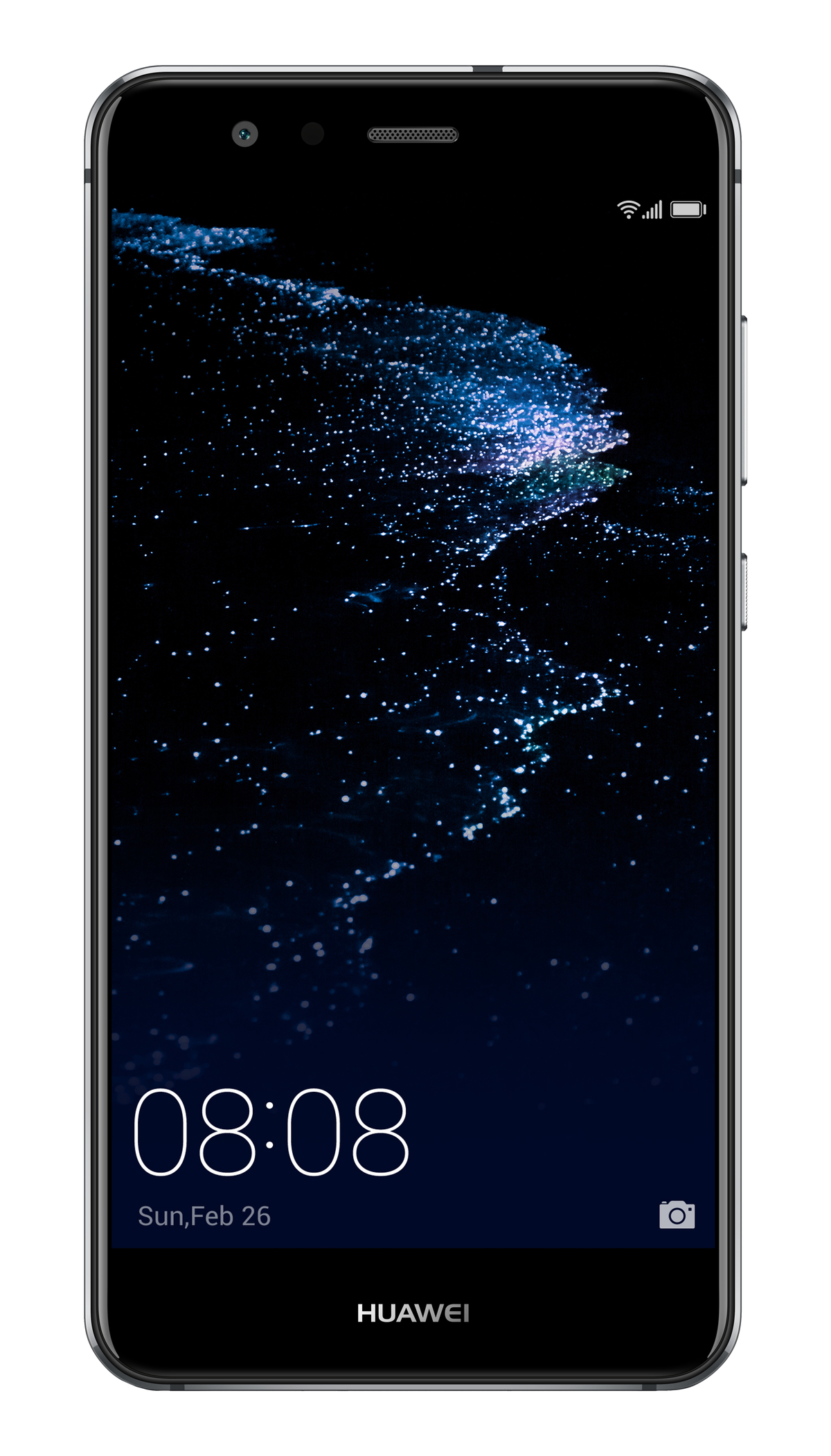 Czarny smartfon, ekran wyświetla niebiesko-biały design z godziną i datą.