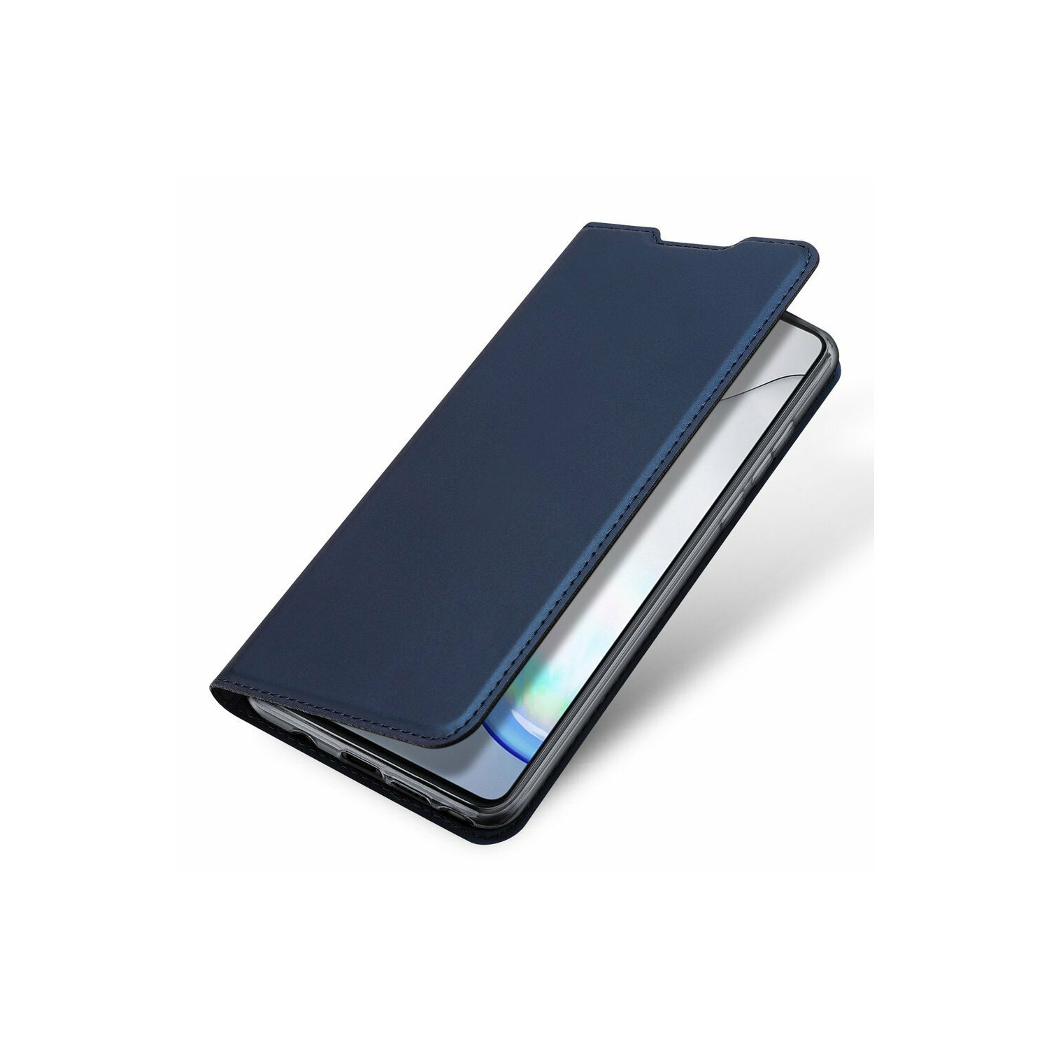 Custodia blu per telefono, aperta, che mostra un telefono. Sfondo bianco.