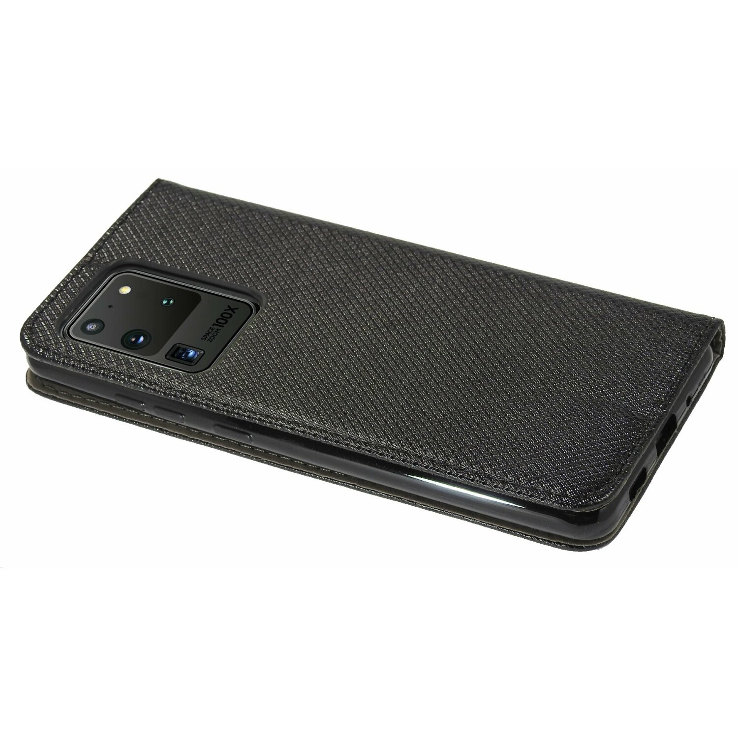 Schwarze Handyhülle mit strukturiertem Muster, offen, um ein Telefon anzuzeigen.