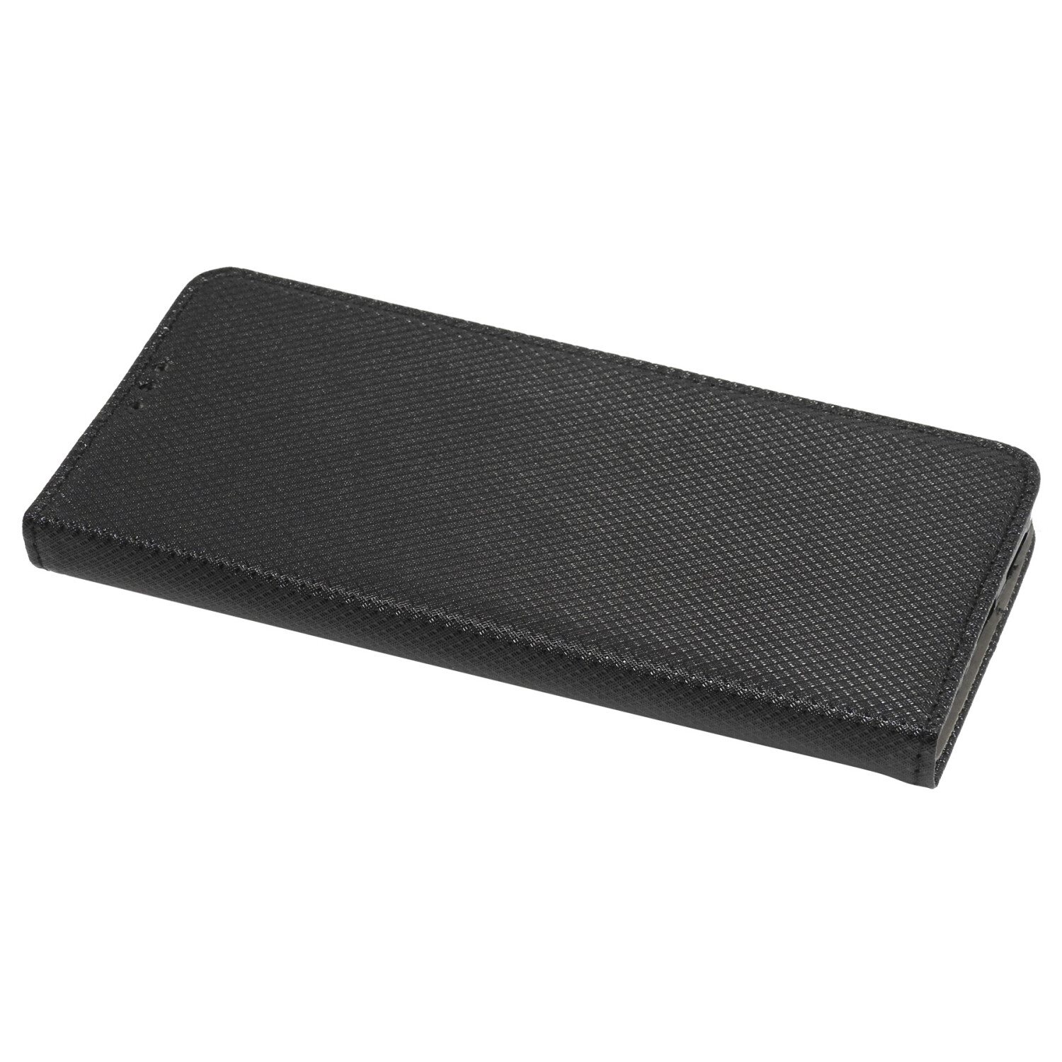 Eine schwarze, strukturierte Handyhülle auf weißer Oberfläche. Sie hat ein geschlossenes, buchähnliches Design.