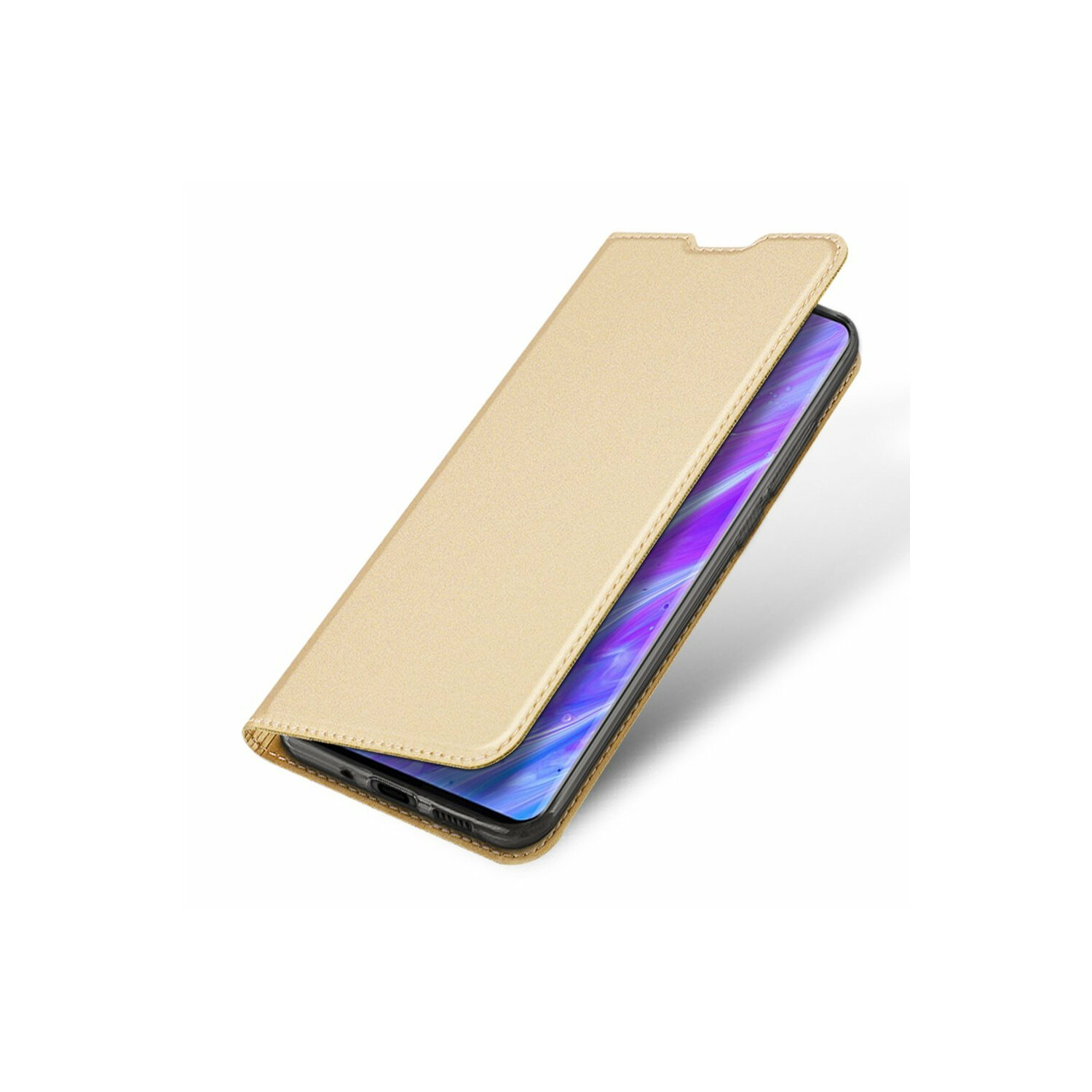 Goldene Handyhülle, teilweise geöffnet, zeigt einen Telefonbildschirm. Weißer Hintergrund.