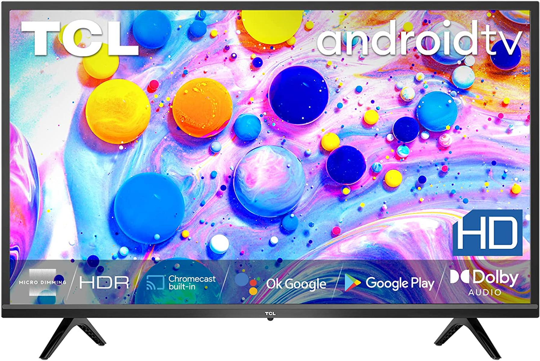 Pantalla de TV mostrando escena vibrante con formas abstractas coloridas y logo Android TV.