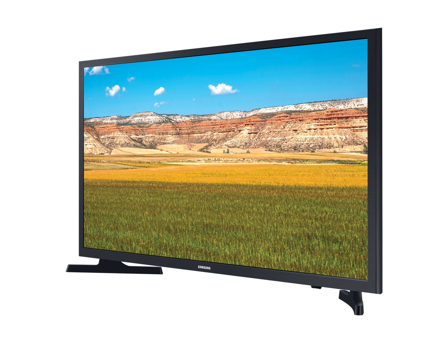 TV negro muestra un paisaje con montañas y un campo.