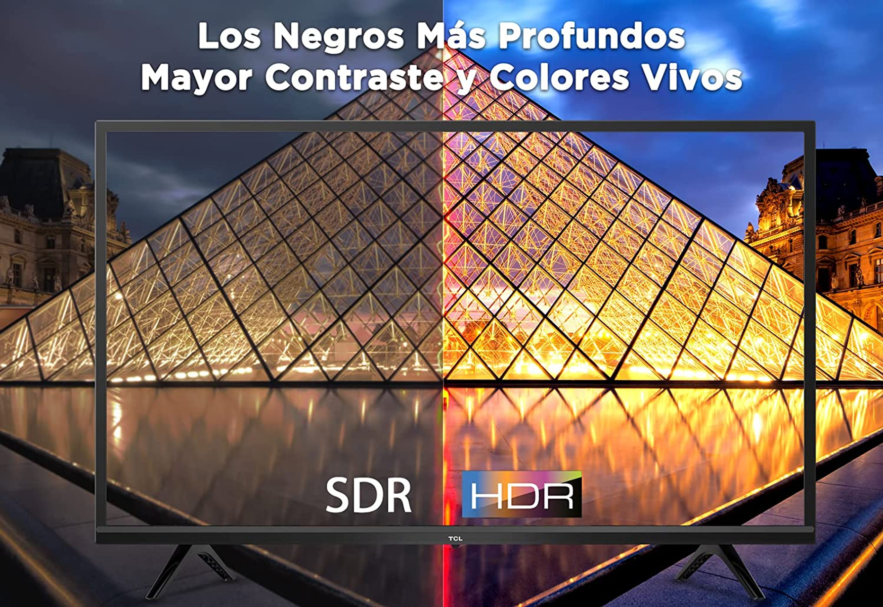 Pantalla de TV con comparación HDR y SDR, mostrando pirámide y escena del cielo, con texto.
