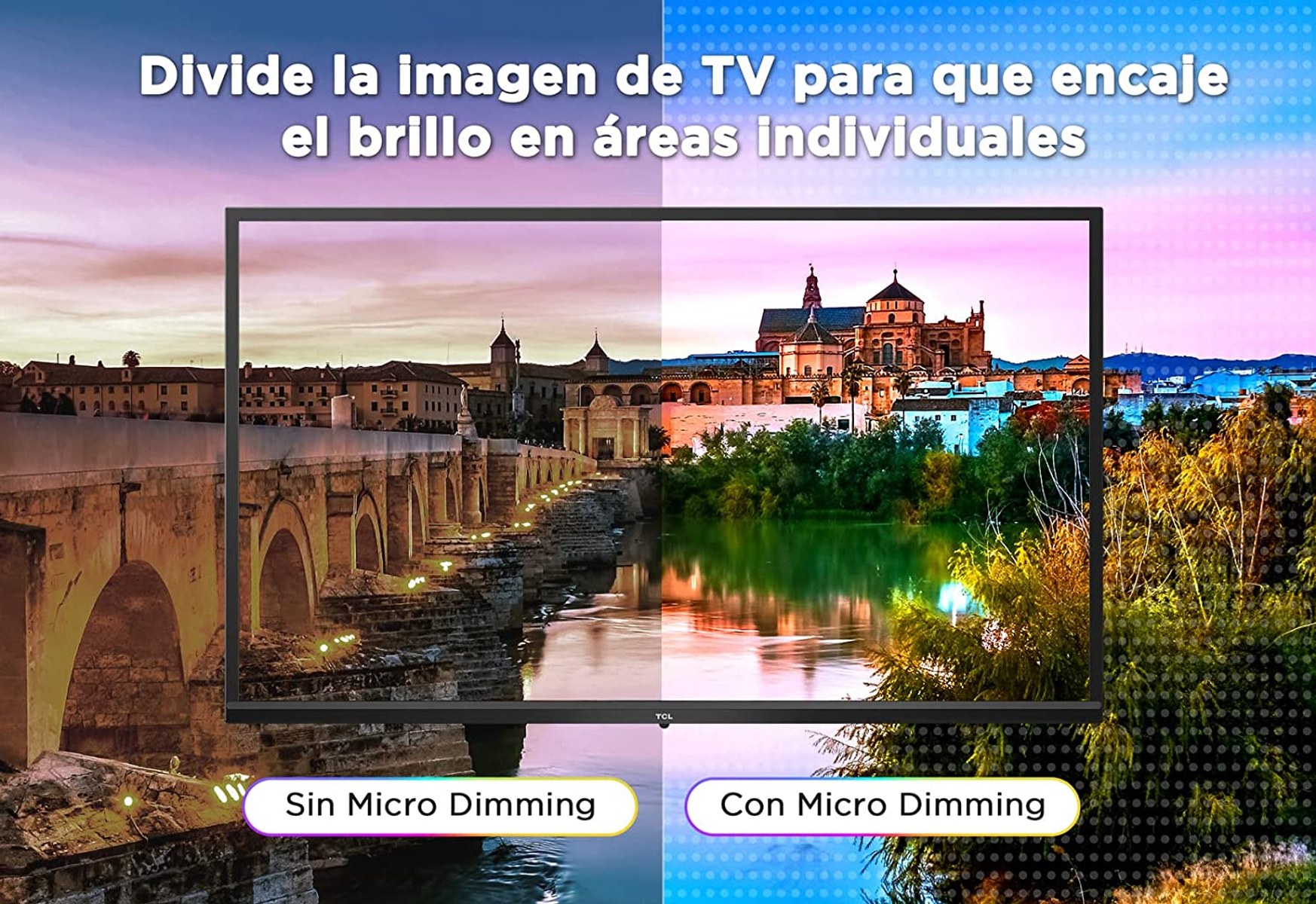Pantalla de TV mostrando imagen dividida con y sin micro atenuación, texto.