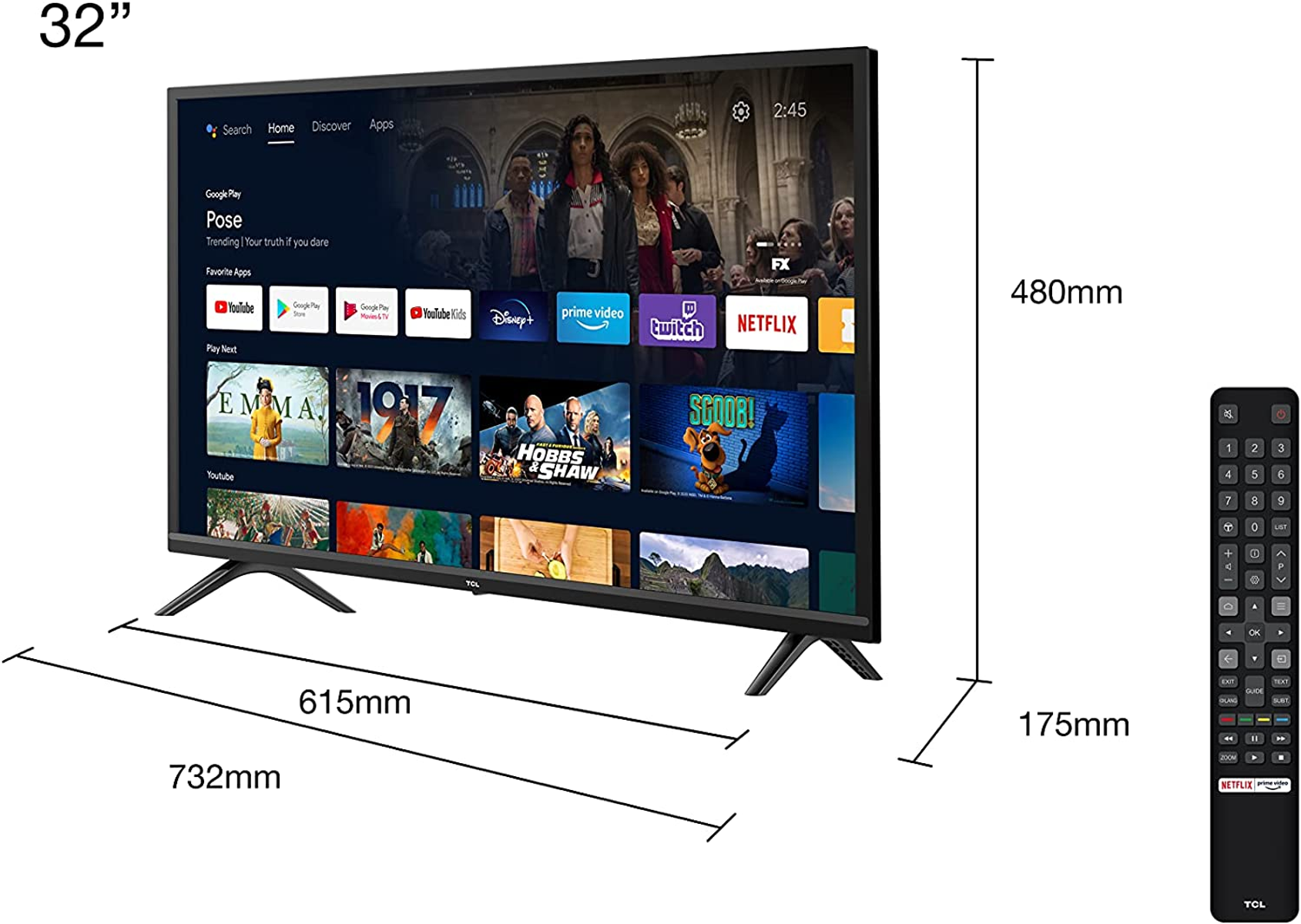Un televisor TCL de 32 pulgadas con dimensiones y un mando a distancia, mostrando un programa de televisión.