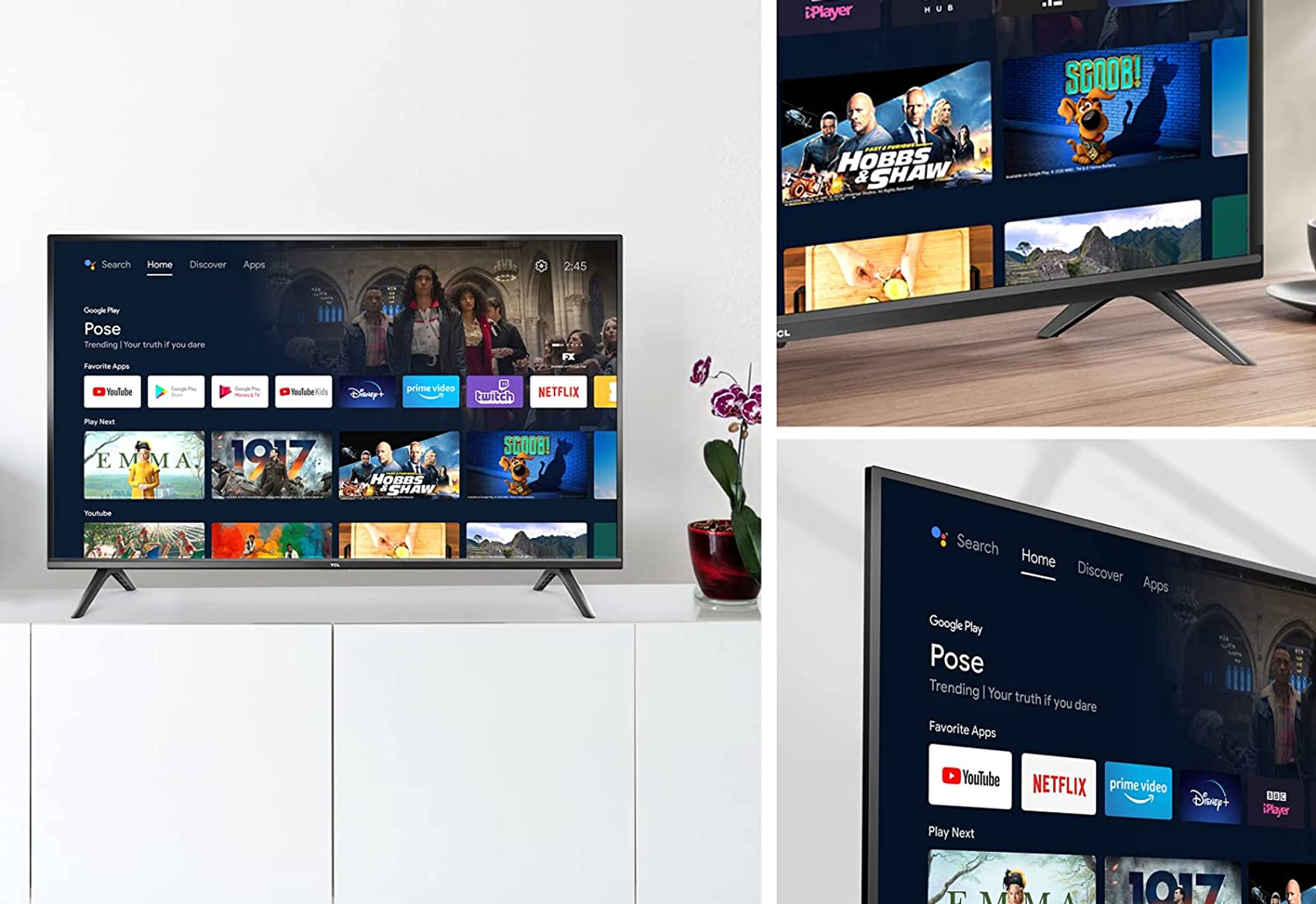 Pantalla de TV que muestra servicios de transmisión, películas y aplicaciones, con imágenes adicionales.