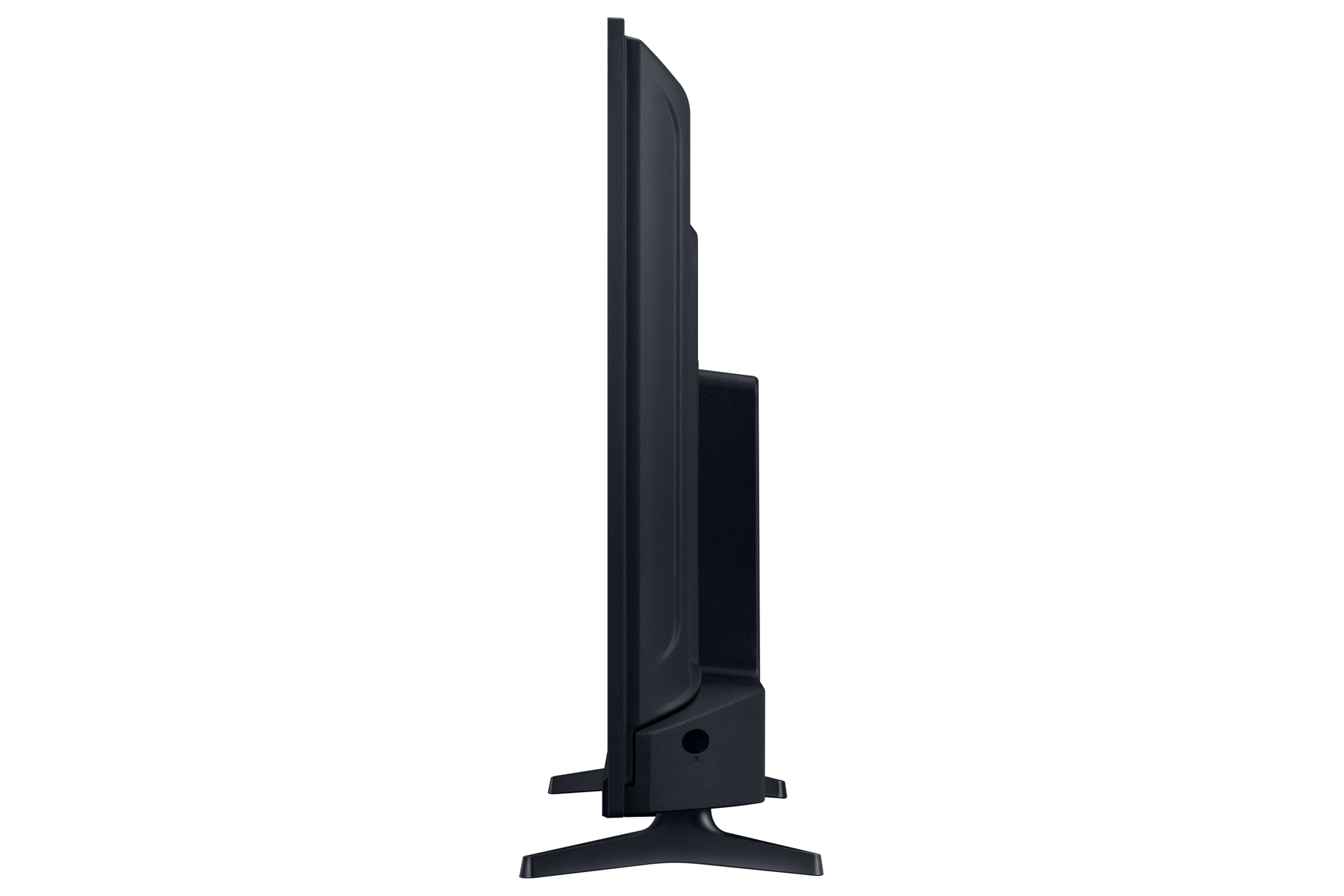 Una vista laterale di una TV nera su sfondo bianco, con un supporto nero.