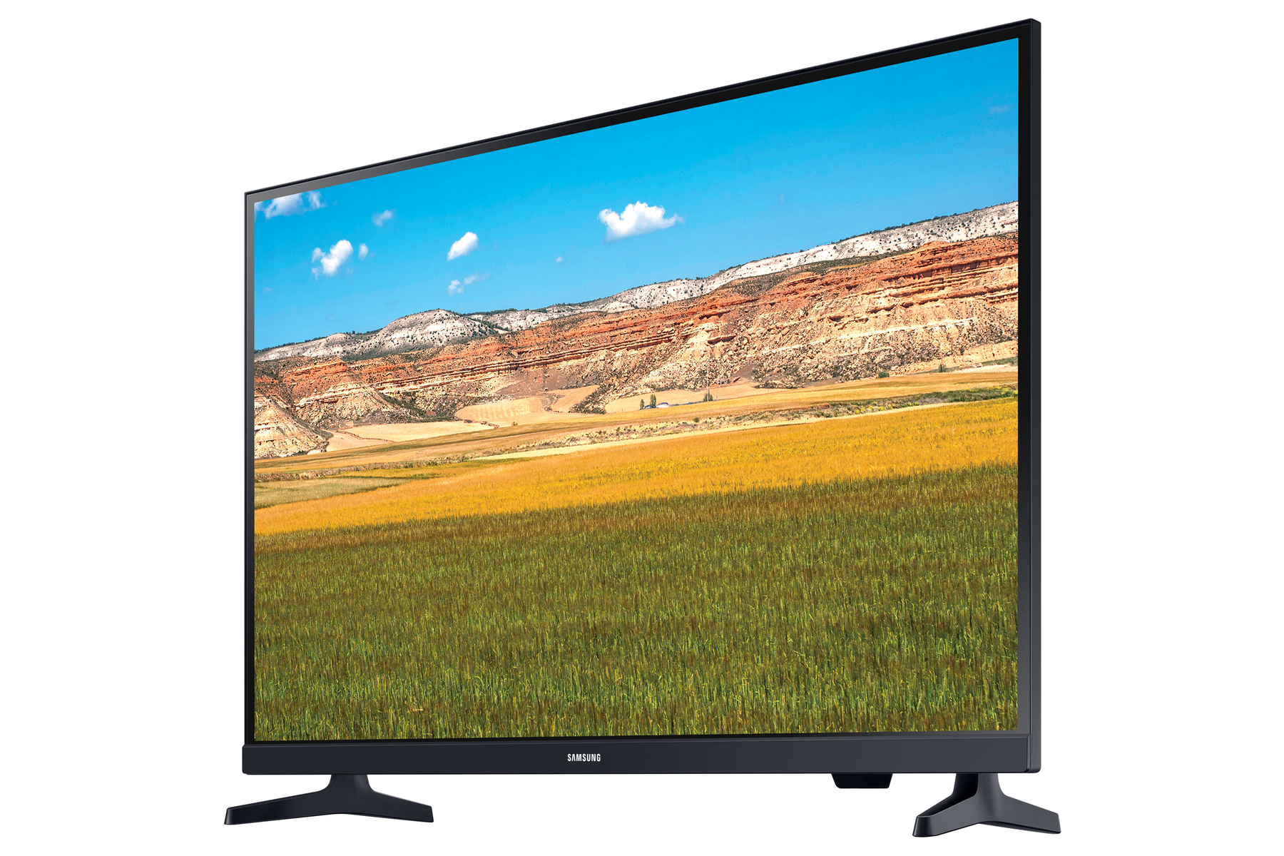 TV a schermo piatto che mostra una scena paesaggistica con cielo blu.