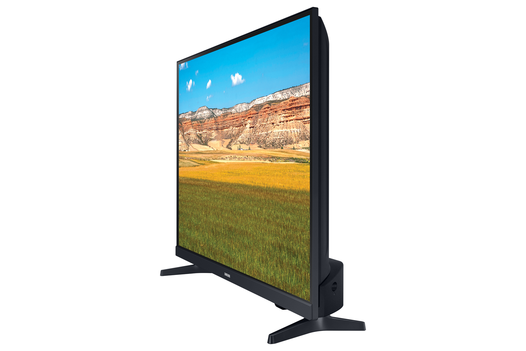 Un televisore Samsung che mostra un'immagine del paesaggio di colline ed erba verde.
