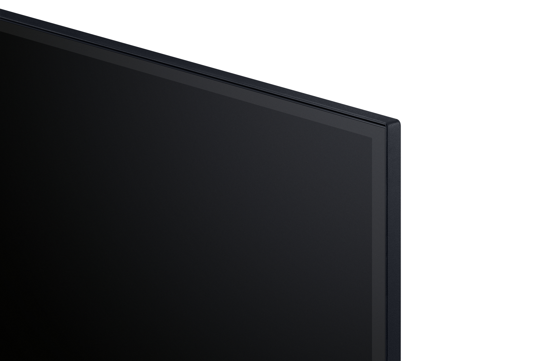 Primo piano di un angolo di uno schermo TV nero, che mostra la cornice e parte dello schermo.
