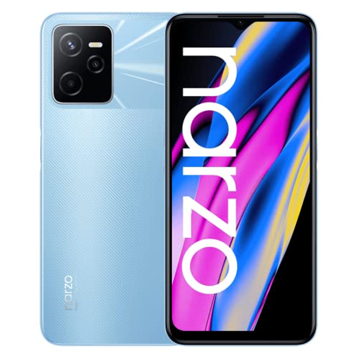 Un telefono Narzo blu, che mostra il retro e il fronte. Il fronte mostra Narzo in bianco su uno sfondo colorato.
