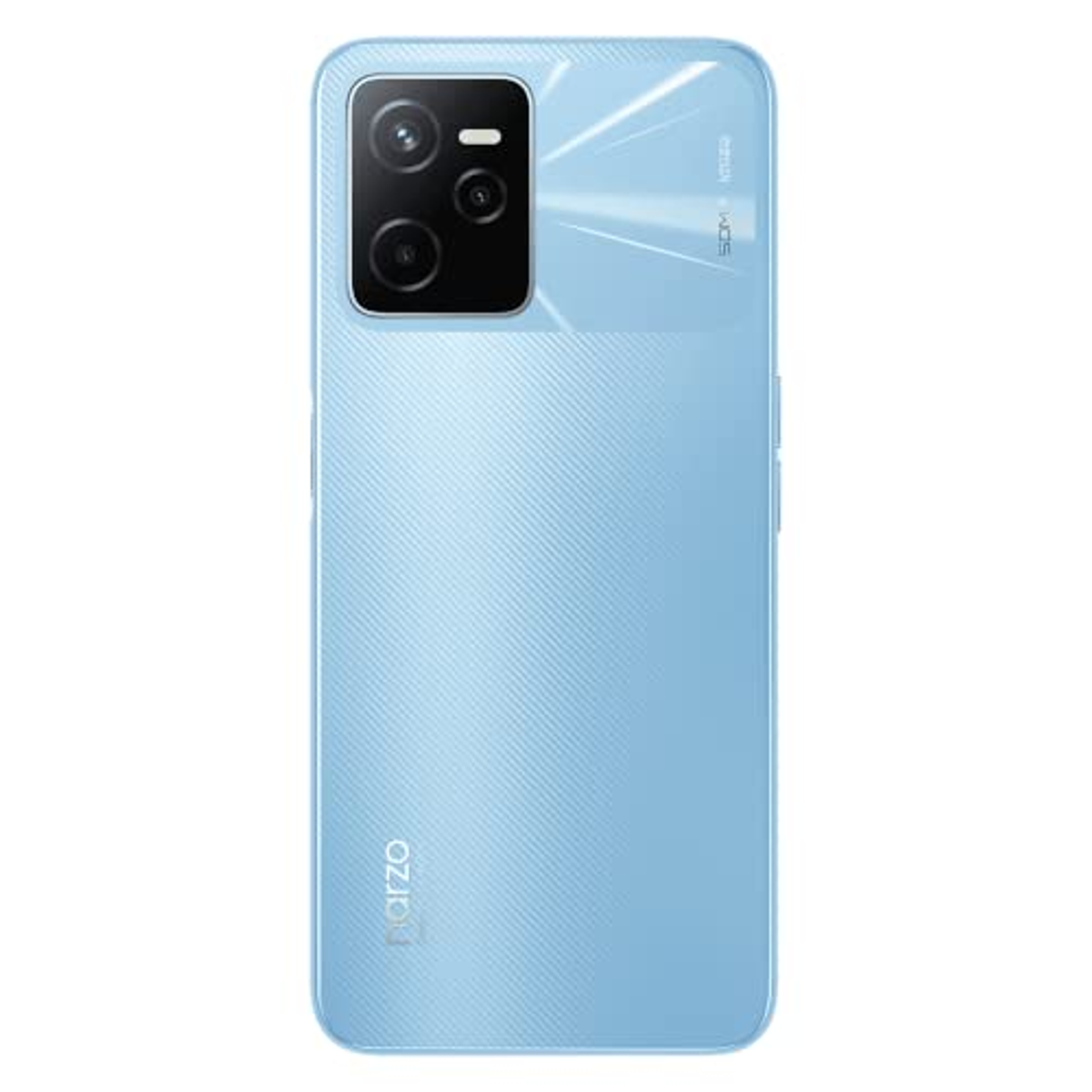 Uno smartphone azzurro con un modulo fotocamera sul retro, con tre lenti e flash.