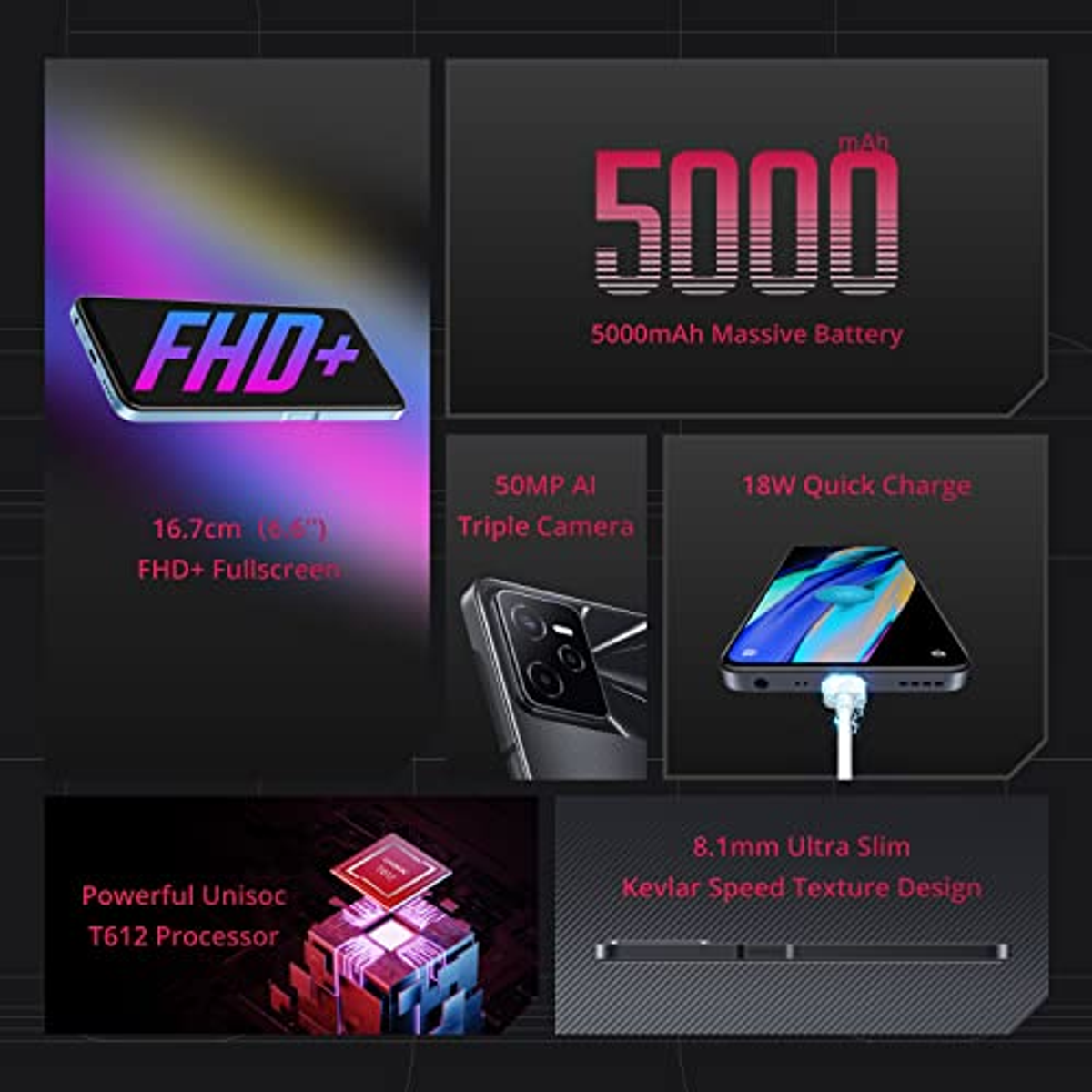 Una pubblicità che illustra le specifiche del telefono: batteria da 5000 mAh, fotocamera da 50 MP, ricarica rapida da 18 W e processore.