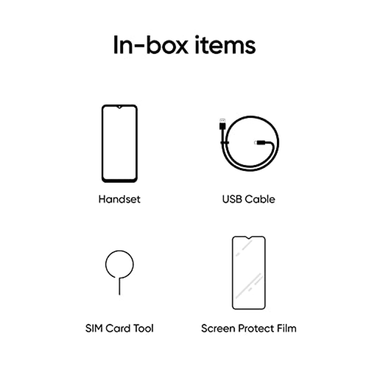 Articoli in scatola: portatile, cavo USB, strumento per scheda SIM e pellicola protettiva per schermo. Immagine in bianco e nero.