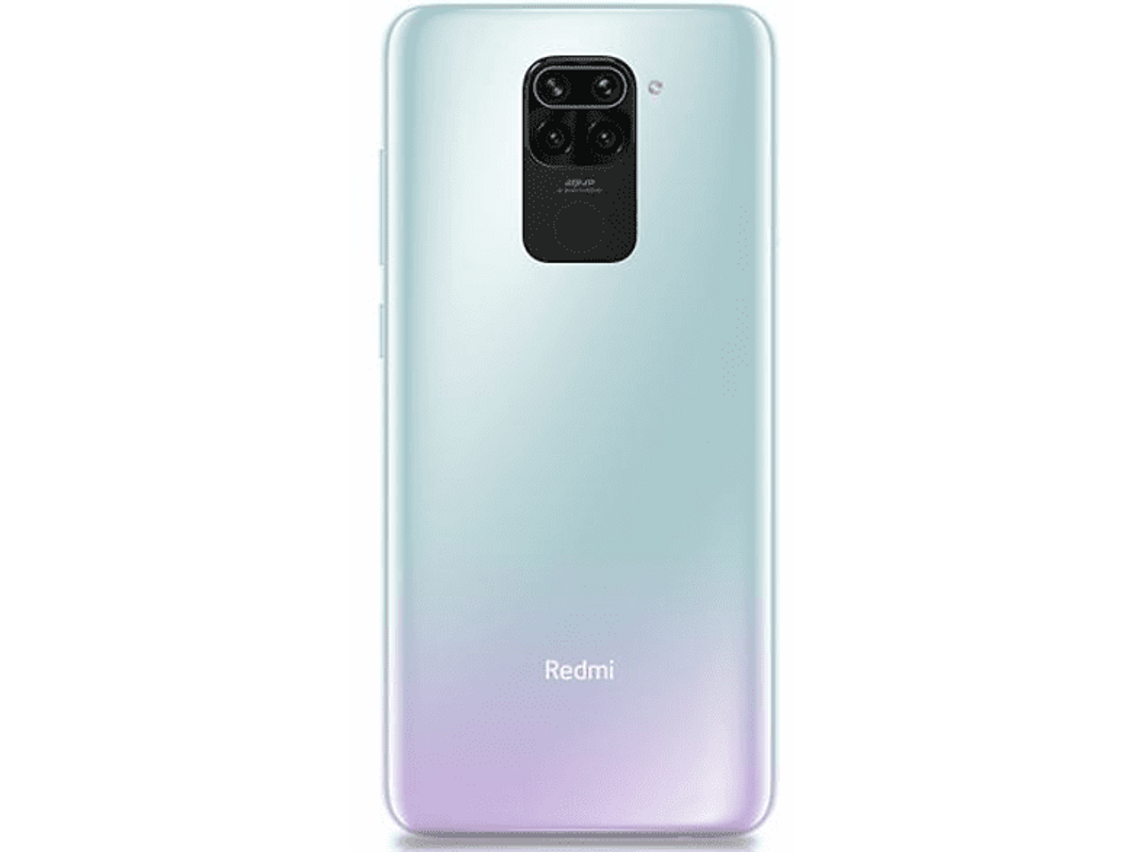 Parte trasera de un smartphone azul claro. Tiene un módulo de cámara y la palabra 'Redmi'.