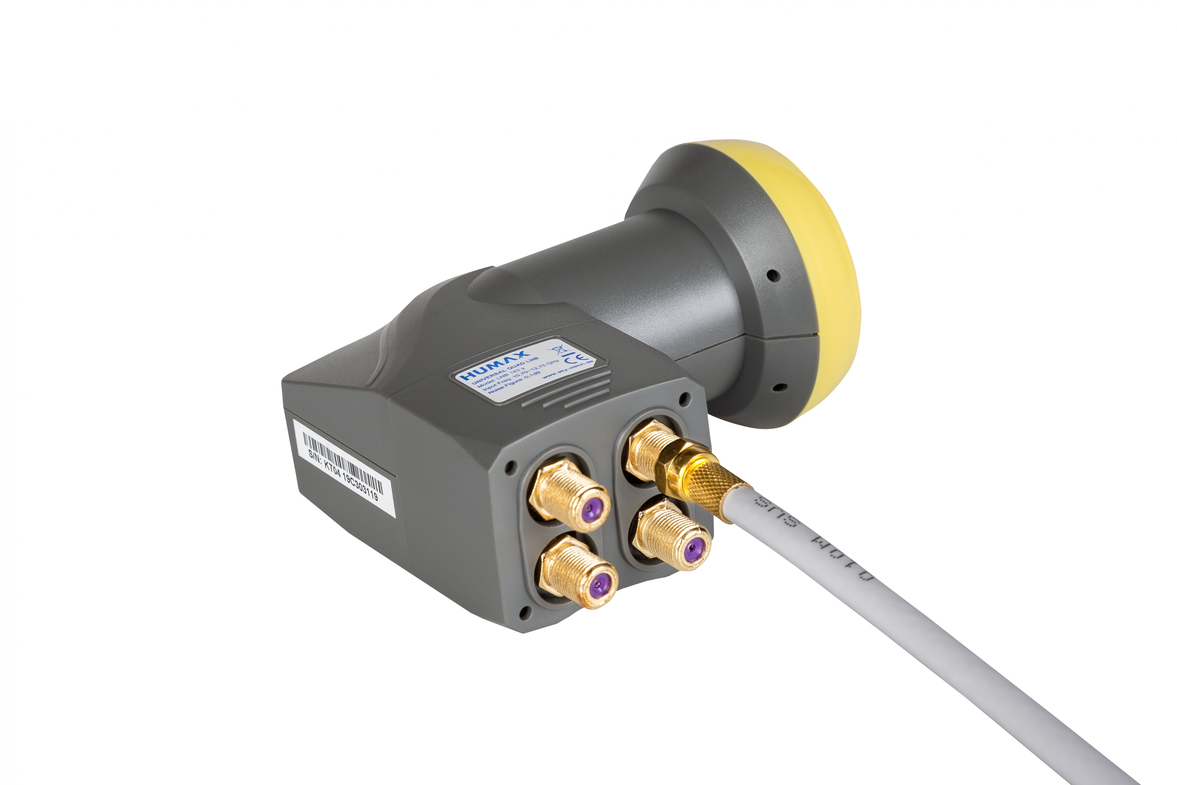 Odbiornik satelitarny z czterema złotymi i fioletowymi złączami. Szary korpus na białym tle.