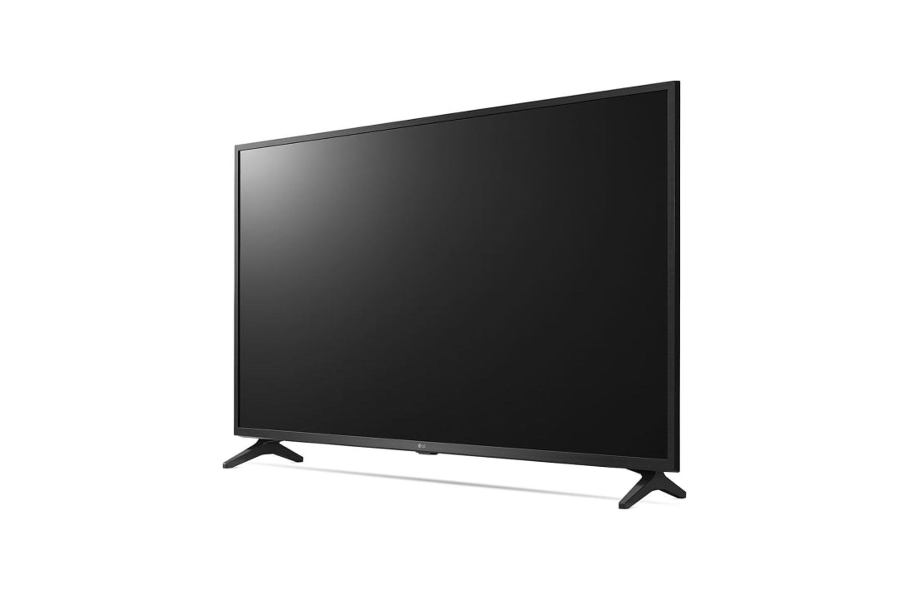 Ein LG-Fernseher mit schwarzem Bildschirm auf weißem Hintergrund.