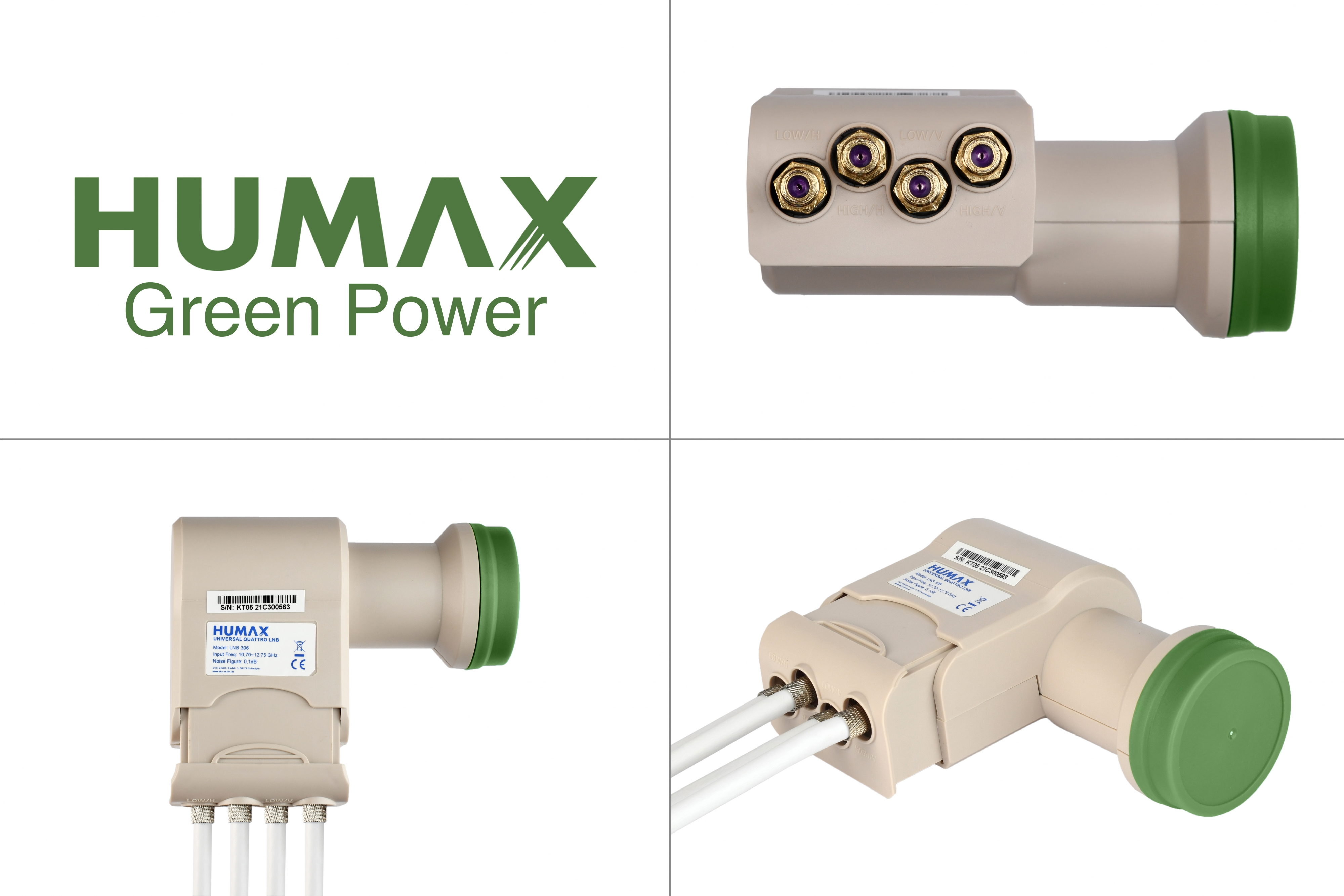 Mehrere Ansichten von Humax LNBs mit grünen und beigefarbenen Teilen.