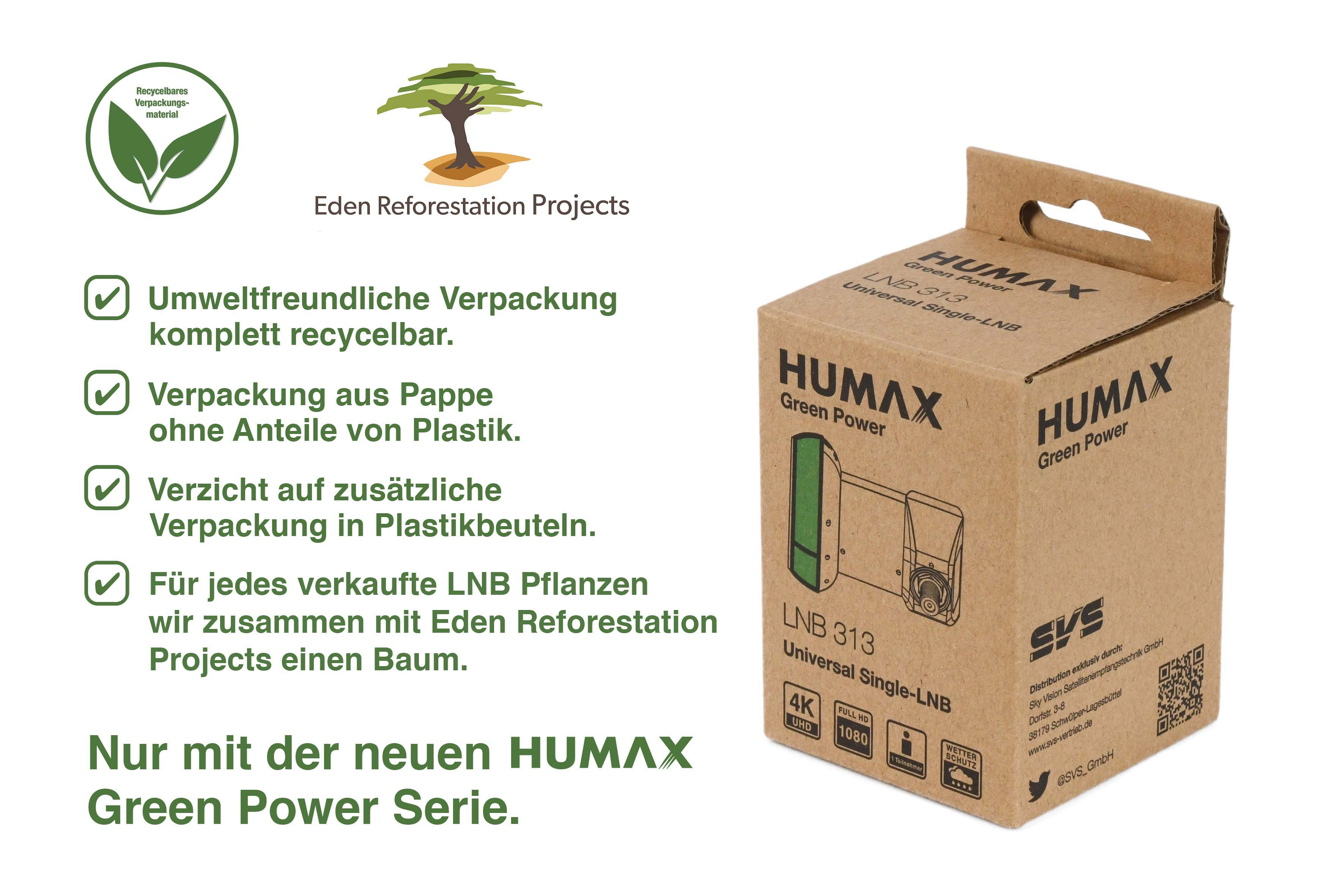 Box mit Text über die umweltfreundliche Verpackung des Produkts. Enthält Text auf Deutsch.