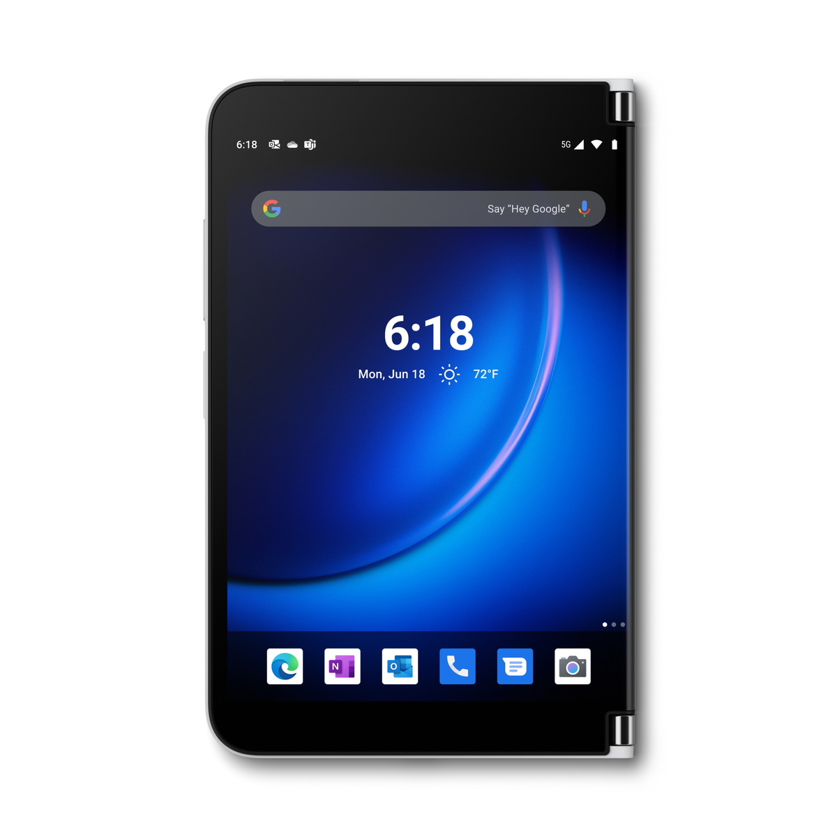 Ein Smartphone zeigt einen Startbildschirm mit Uhrzeit, Datum und App-Symbolen vor blauem Hintergrund.