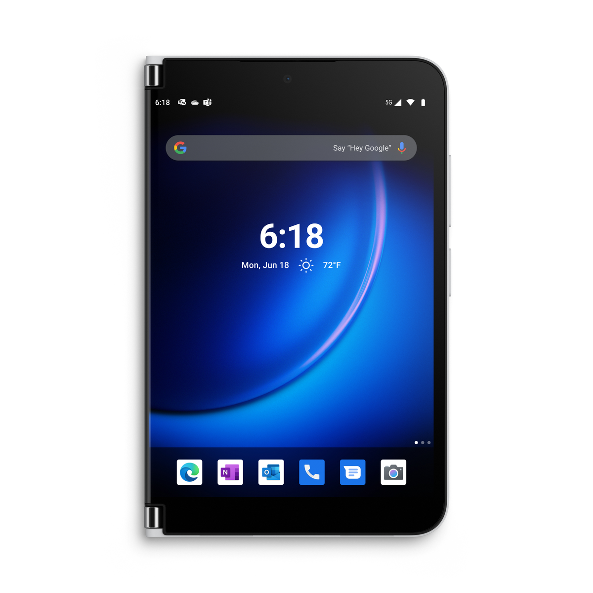 Schwarzes Smartphone, das einen Startbildschirm mit Datum, Uhrzeit und Symbolen zeigt.