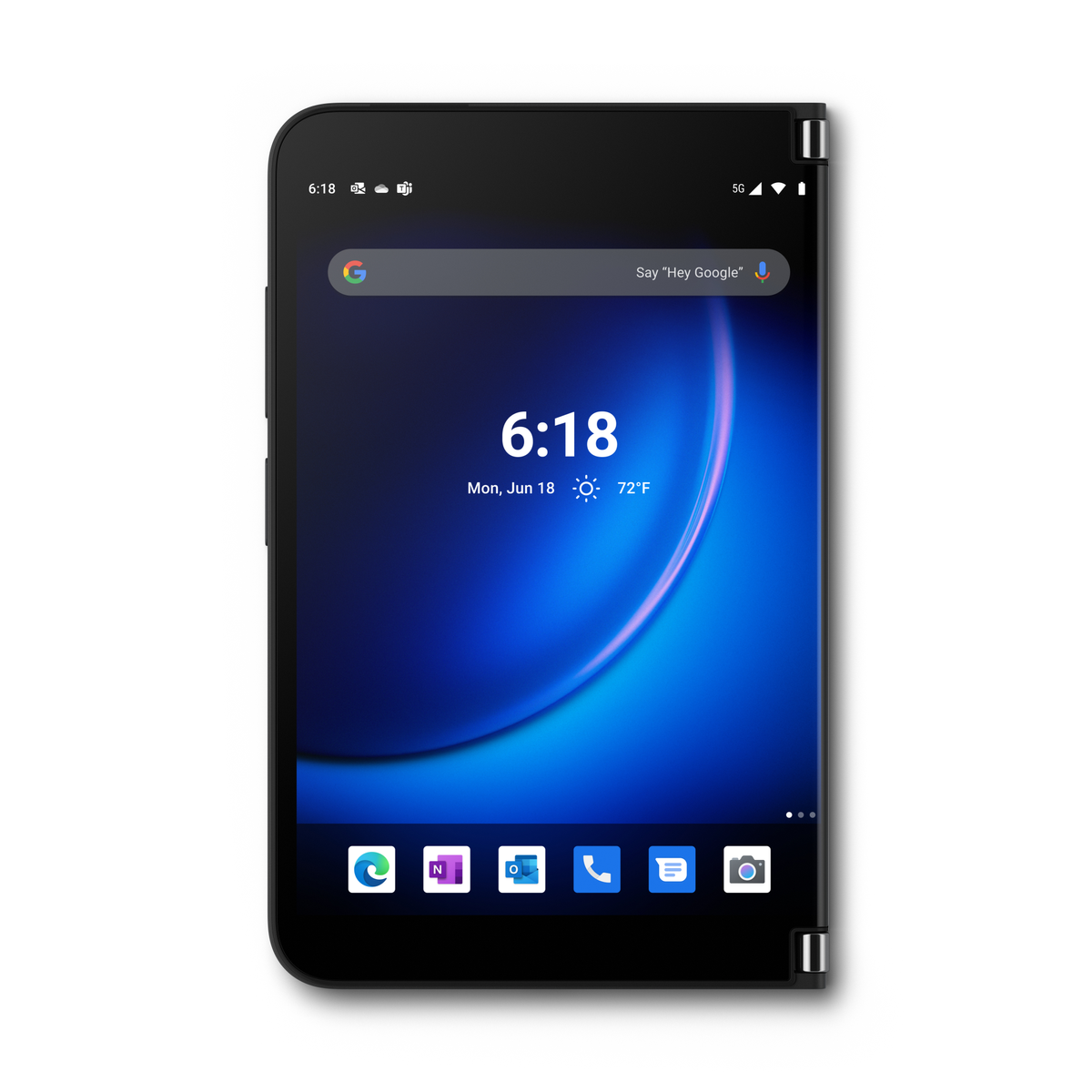 Modernes schwarzes Smartphone mit blauem Bildschirm, der Zeit, Datum und App-Symbole anzeigt. Weißer Hintergrund.