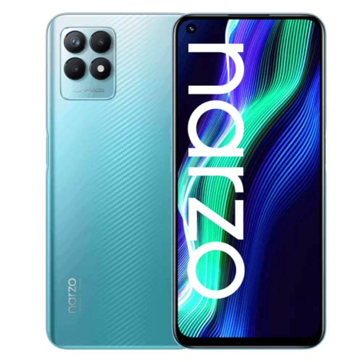 Uno smartphone turchese con quattro fotocamere posteriori, un alloggiamento fotocamera nero e un logo narzo.