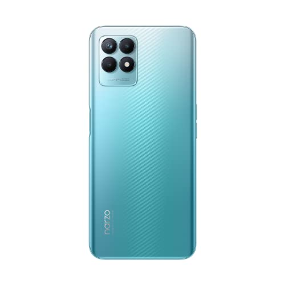 Uno smartphone turchese ha una fotocamera quadrupla, un flash e il marchio 'narzo' è stampato sul retro.