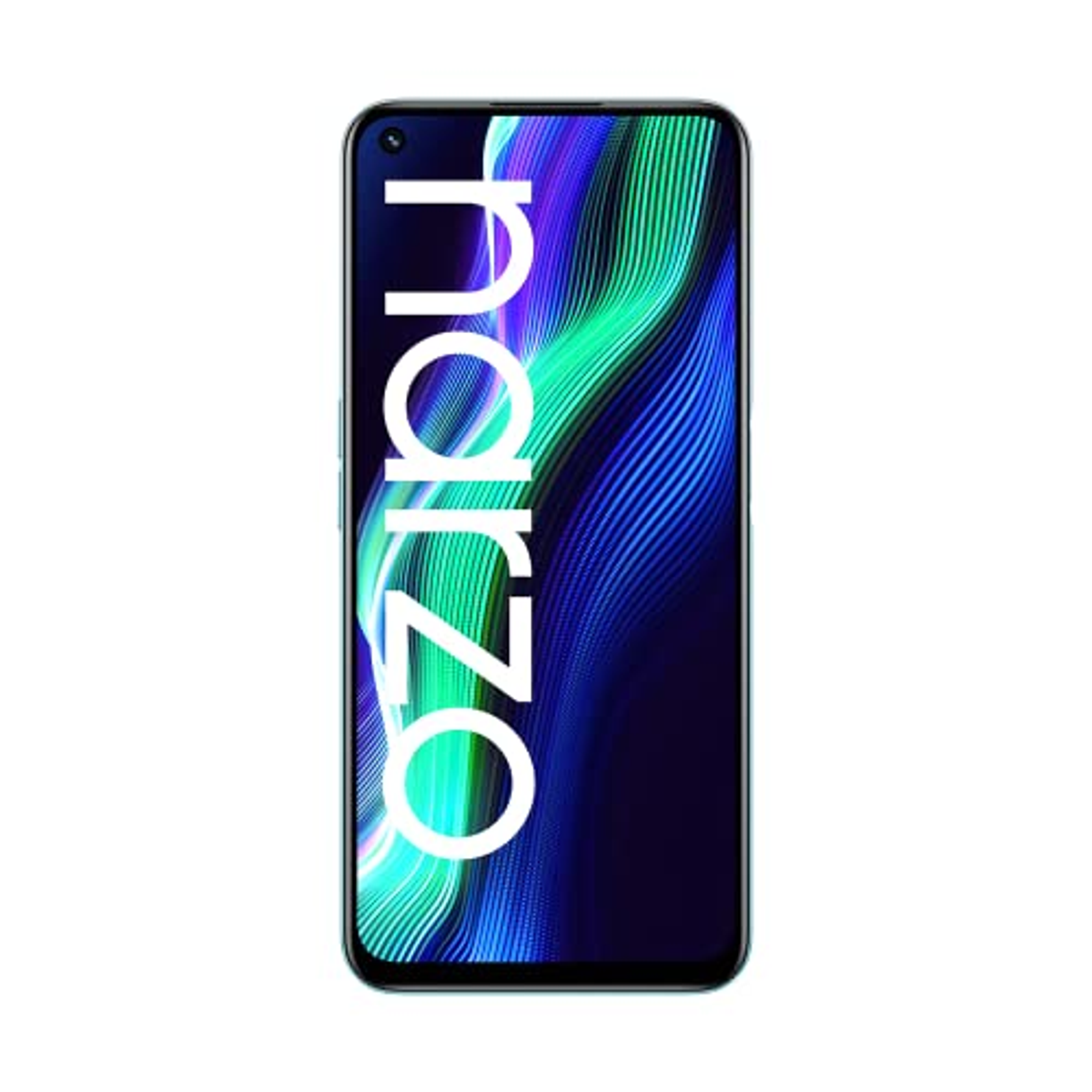 Schermo di uno smartphone con la parola narzo a grandi lettere bianche, sfondo blu.
