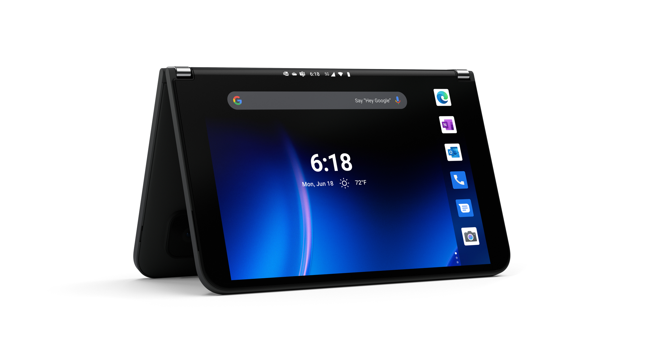 Ein schwarzes, faltbares Tablet mit zwei Bildschirmen. Ein Bildschirm zeigt eine Uhr und die Google-Suchleiste.