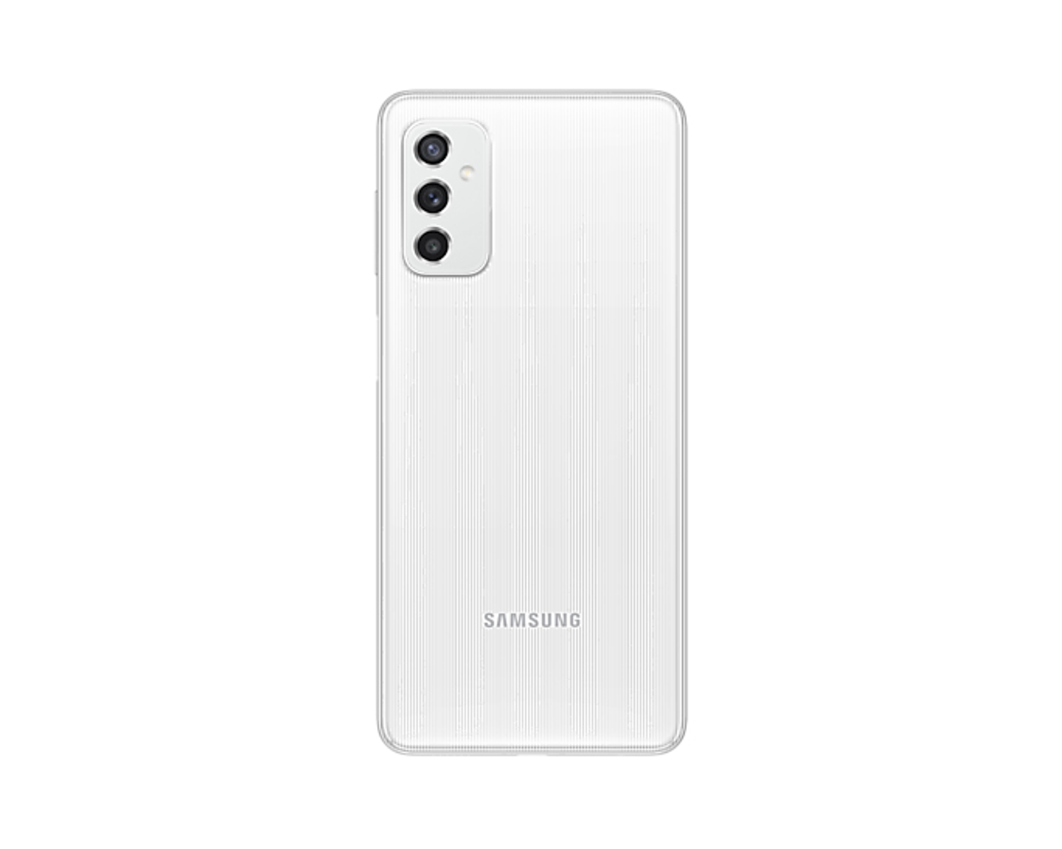 Rückseite eines weißen Samsung-Telefons mit vertikalen Linien und 3 Kameras. SAMSUNG steht unten.
