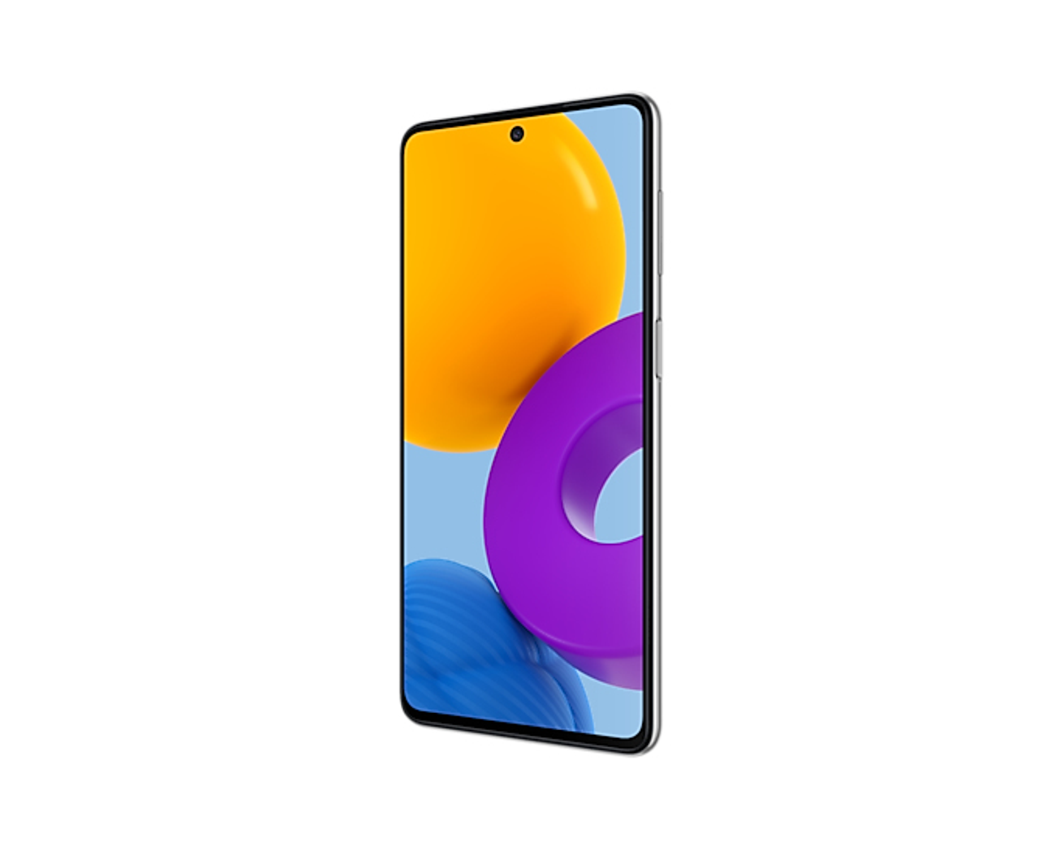 Smartphone mit schwarzem Rahmen, orangefarbenem und lila Hintergrund.