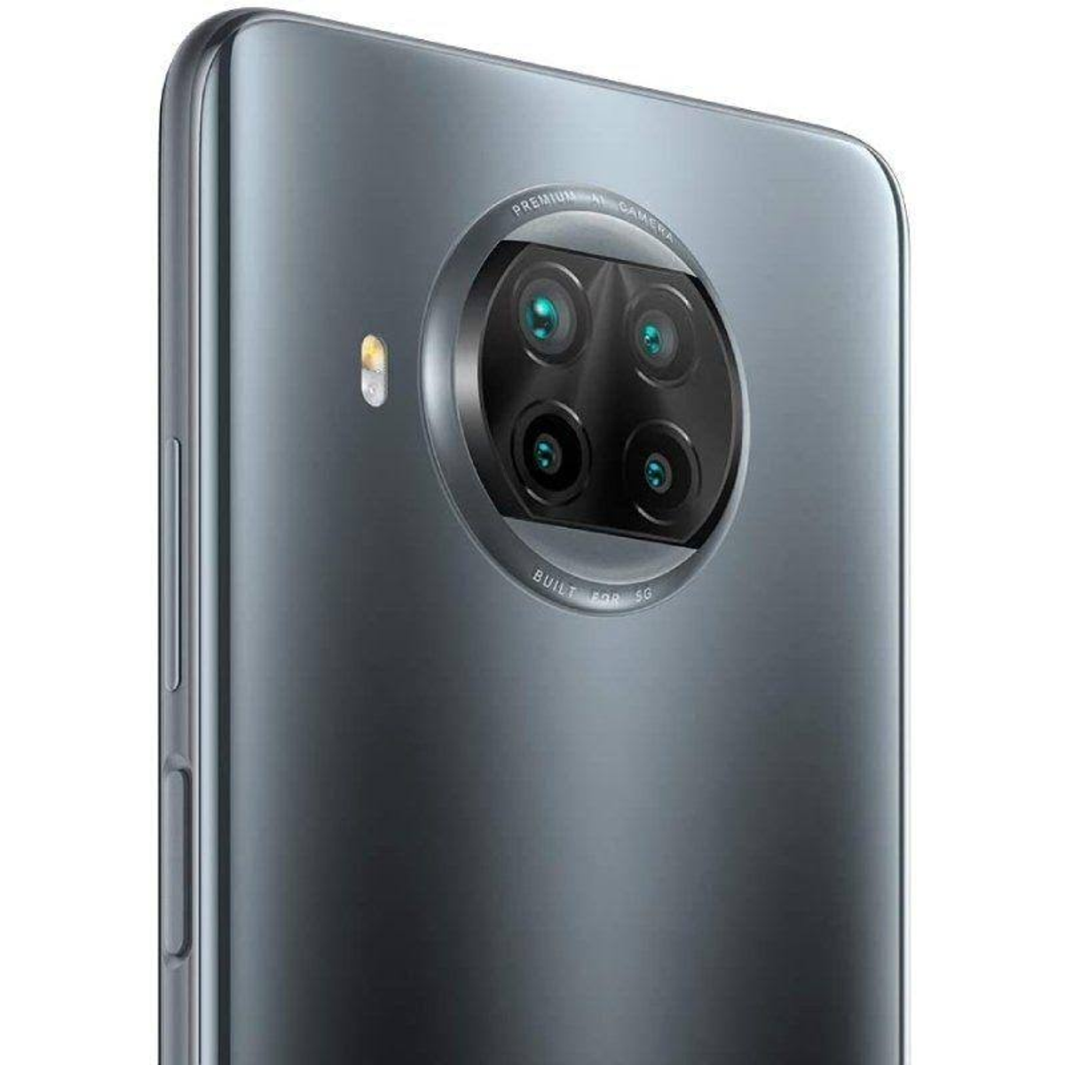 Tył ciemnego telefonu z czterema aparatami i lampą błyskową. Układ aparatów jest okrągły.