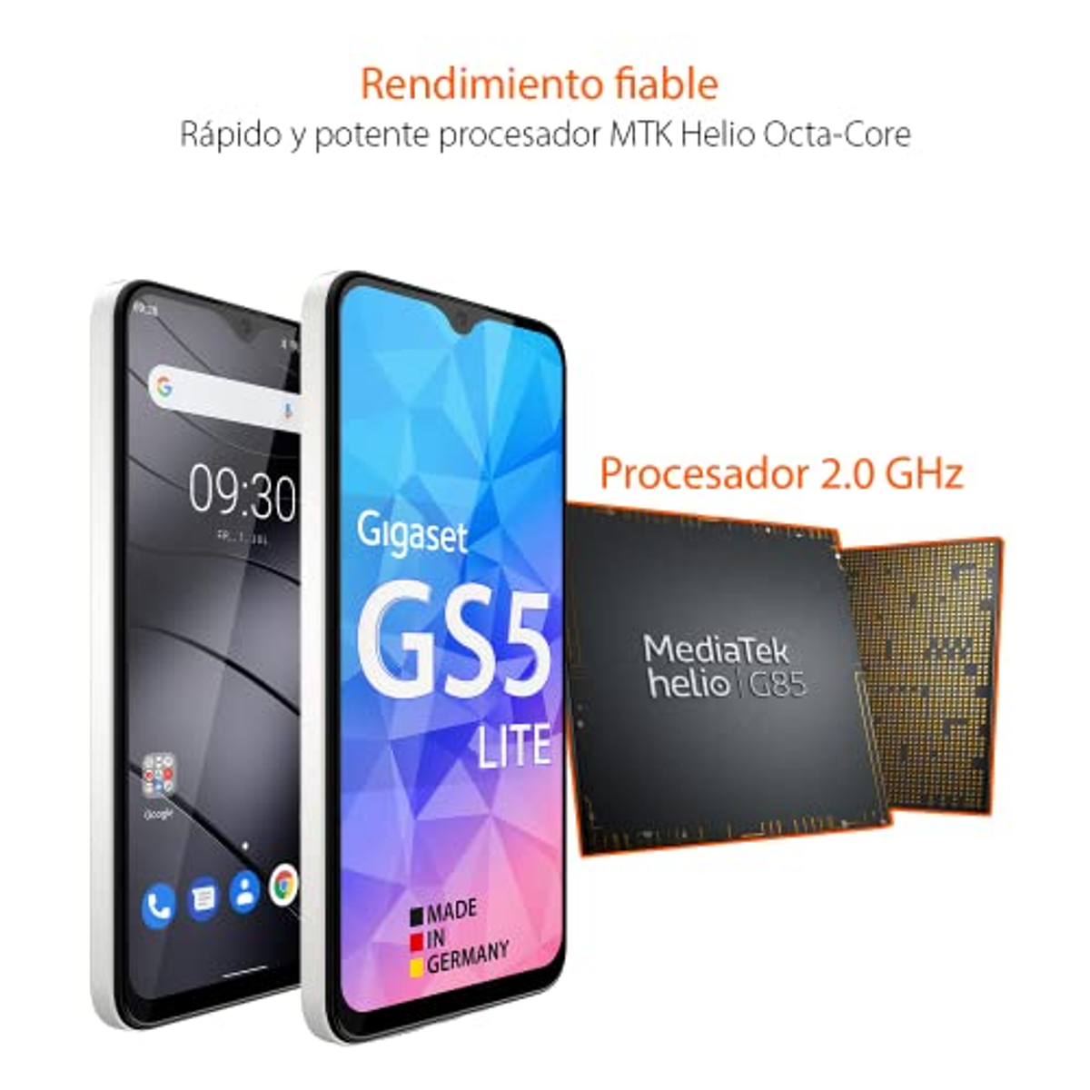 Zwei Smartphones, eines weiß und eines schwarz. Das schwarze Telefon zeigt einen Prozessor daneben.