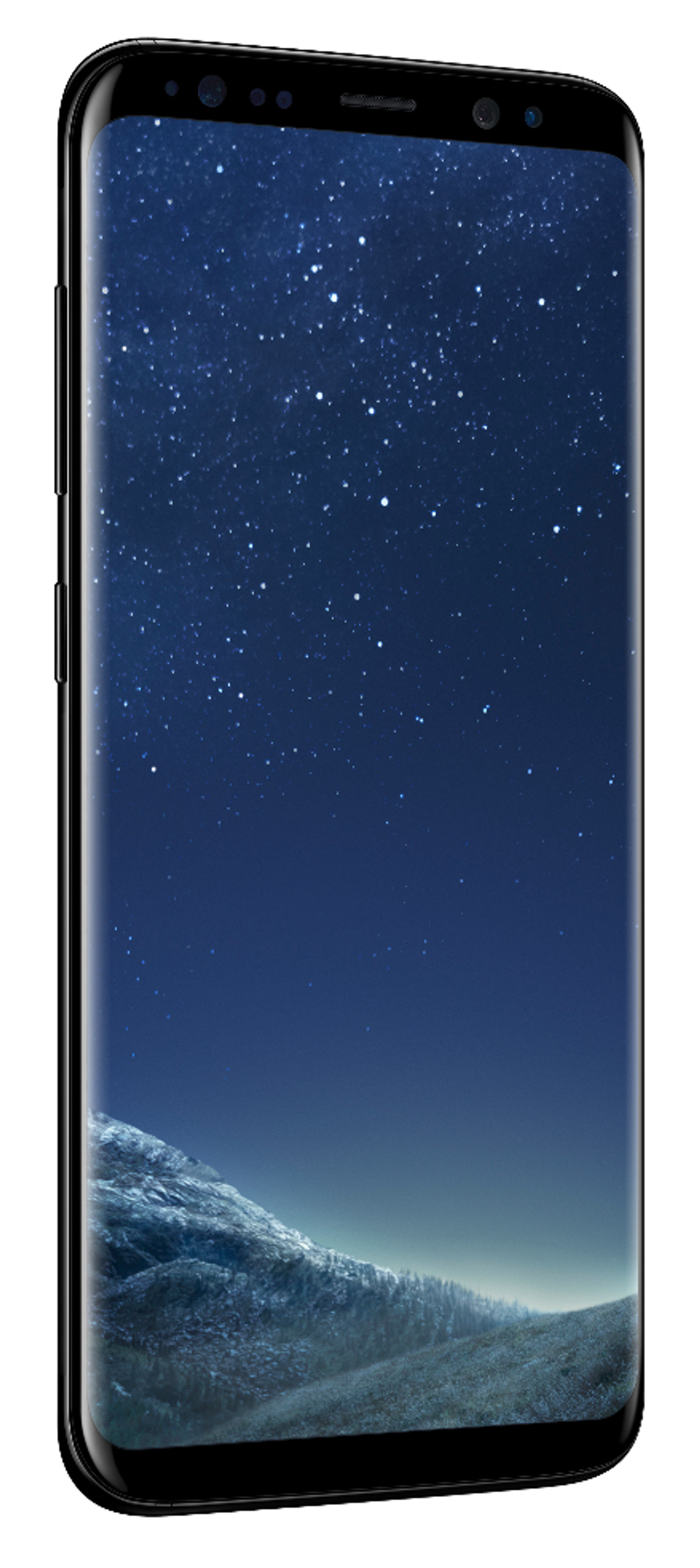 Ein schwarzes Smartphone zeigt eine sternenklare Nachtszene über einer dunklen Landschaft.