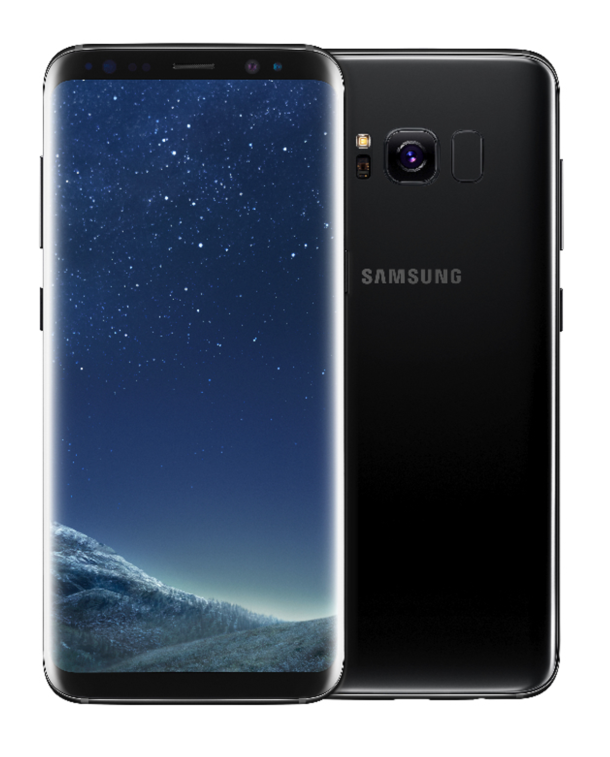 Schwarzes Telefon, Frontbildschirm mit Nachthimmel. Weißer Hintergrund.