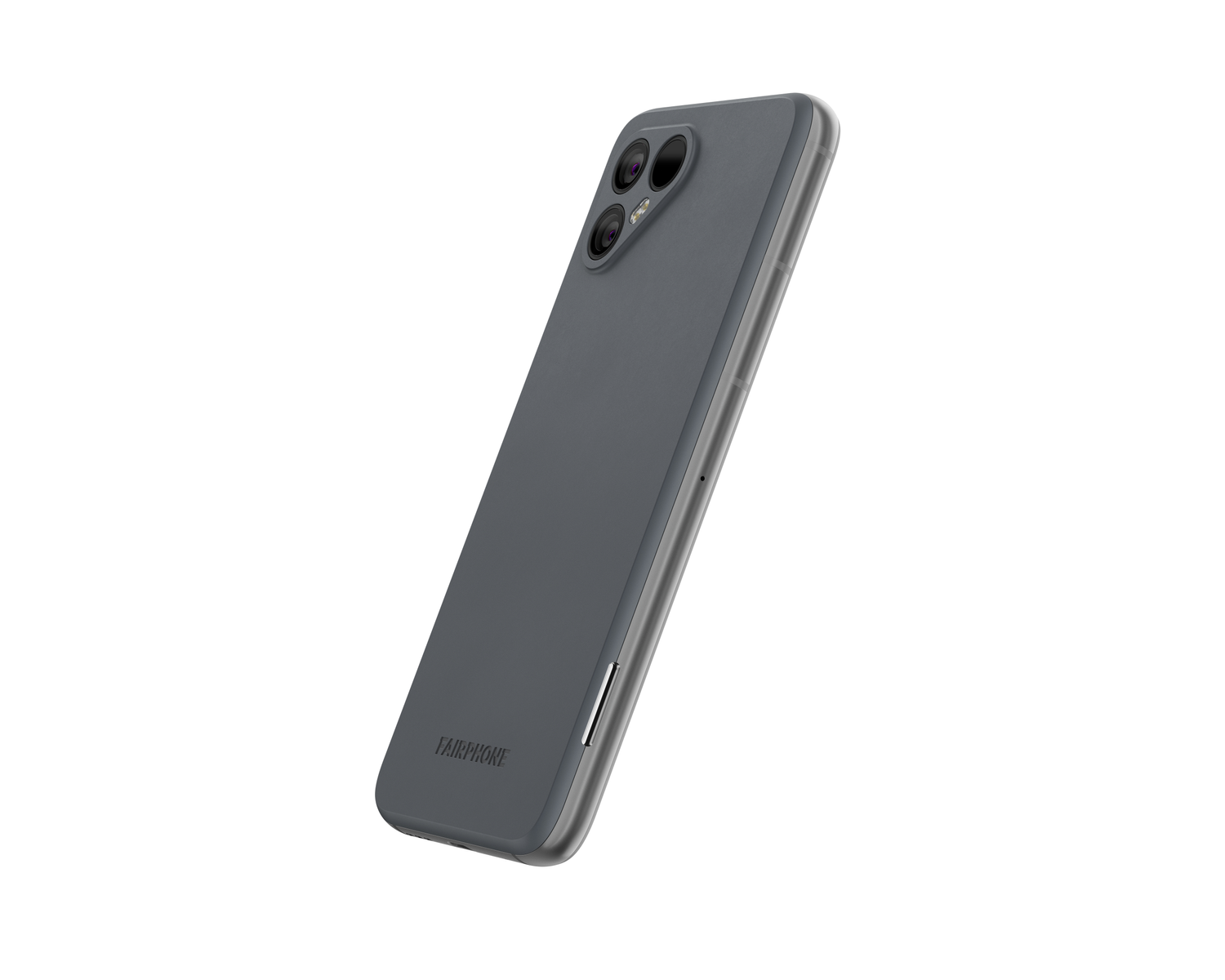 Un smartphone Fairphone gris sobre fondo blanco. El teléfono tiene un acabado mate y triple cámara.