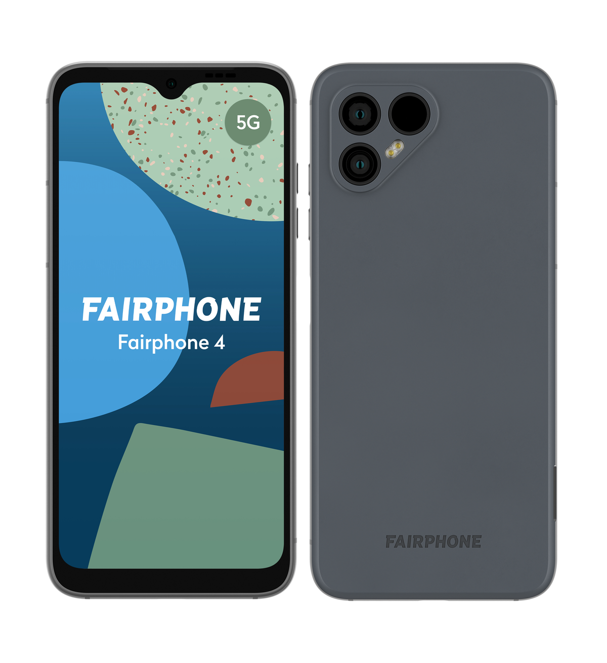 Un Fairphone 4, frontal y posterior. El frontal muestra la pantalla, la parte trasera es gris con cámaras.
