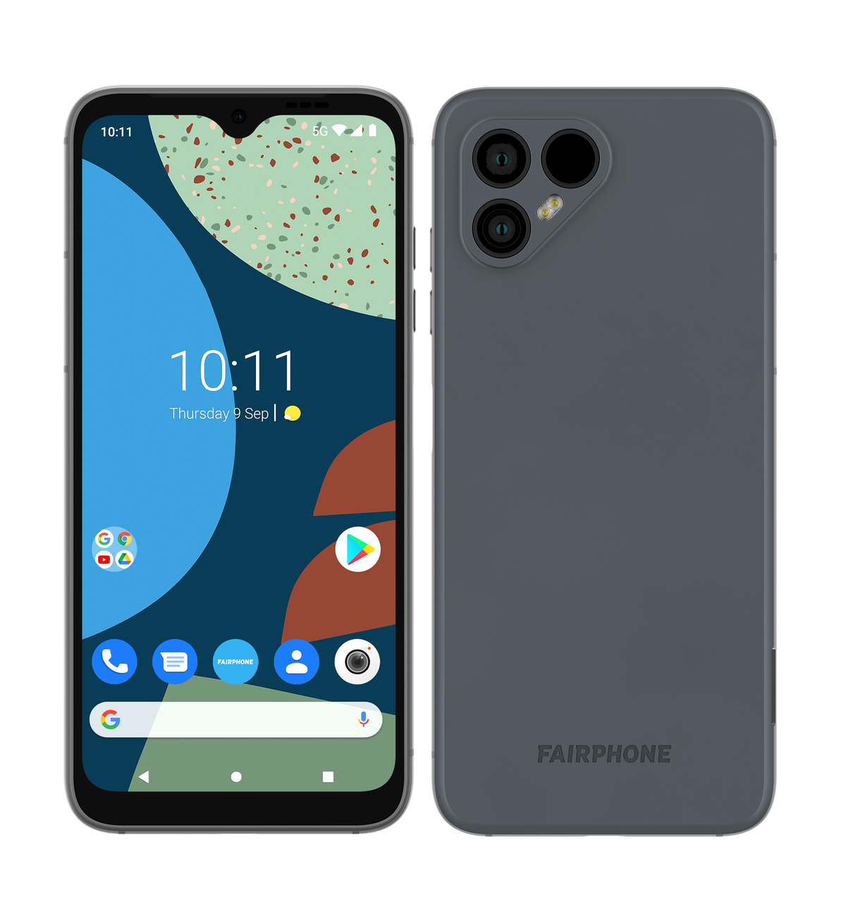 Un smartphone Fairphone, que muestra su pantalla y cámaras traseras, en color gris.
