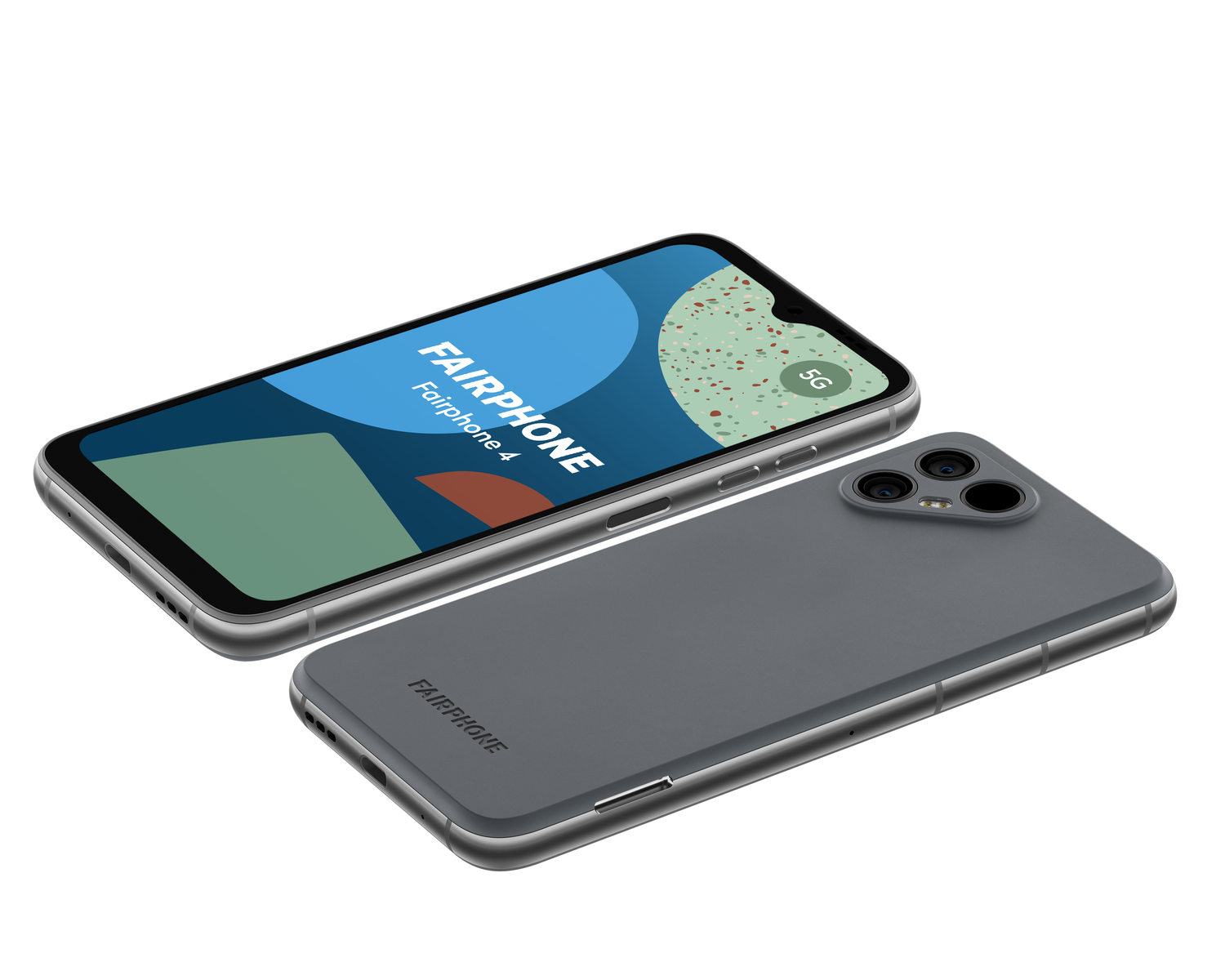 Dos teléfonos: uno con pantalla Fairphone 4, otro con parte trasera gris.
